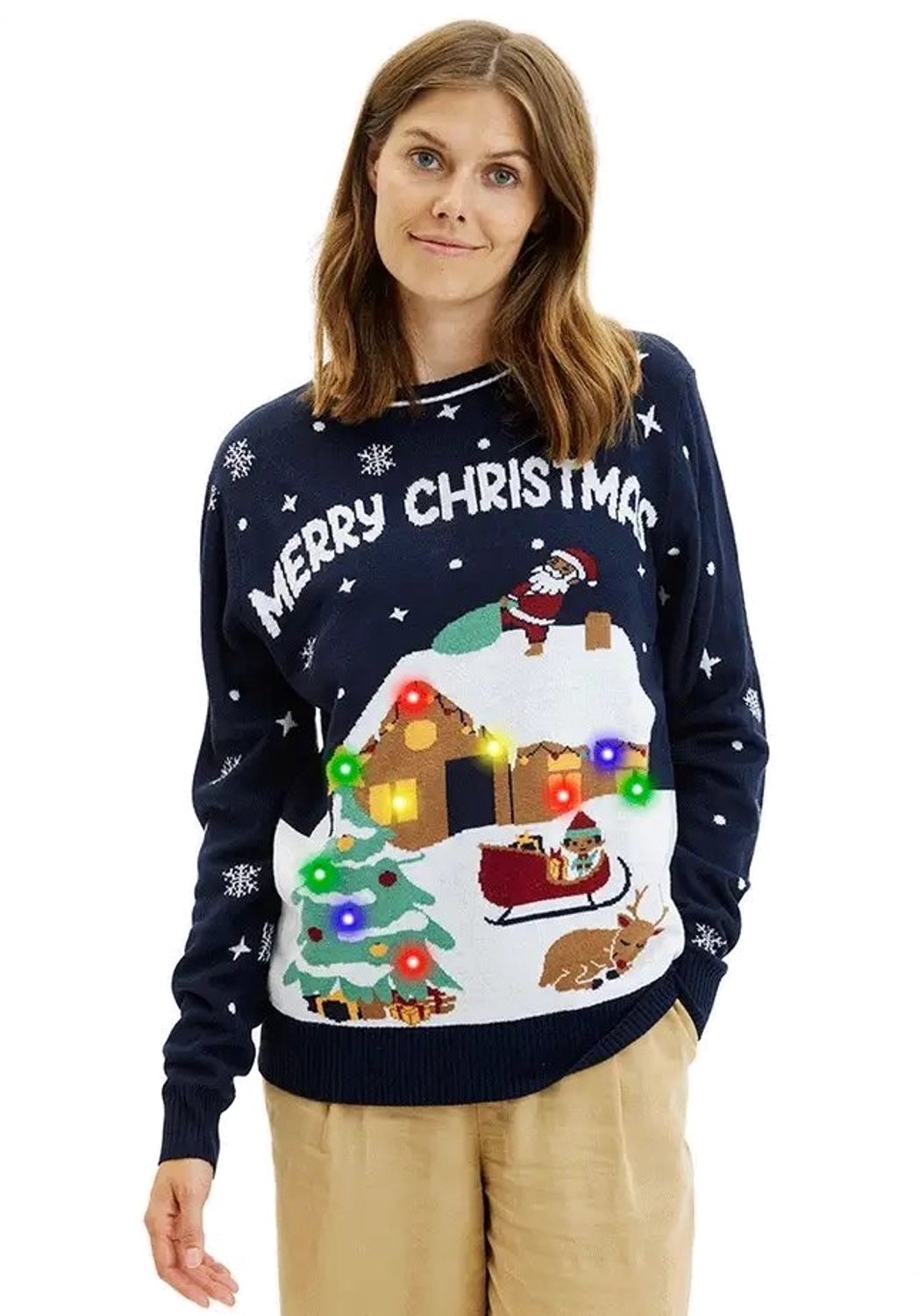 Foute Kersttrui met Lichtjes Dames & Heren - Lampjes - Christmas Sweater LED "De Idyllische Kersttrui" Maat XS