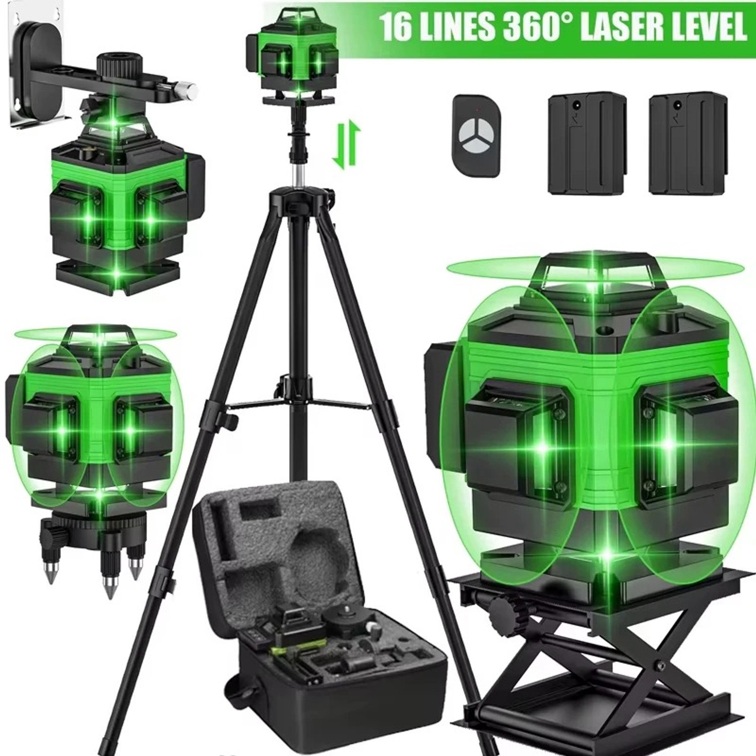Marqs Laser waterpas - Kruislijnlaser met statief - Kruislijnlasers - 16 Lijnen - Koffer - Zelfnivellerend - Groen - 360°