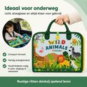 Draagbaar Wiebelo reisspeelgoed met illustraties van wilde dieren, ideaal voor rustig spelen in de auto.