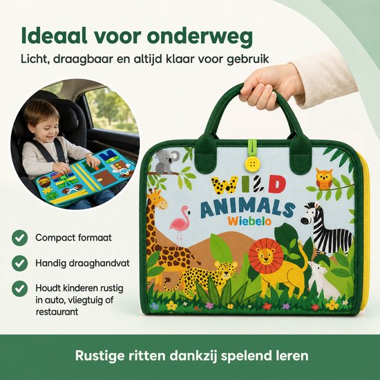 Draagbaar Wiebelo reisspeelgoed met illustraties van wilde dieren, ideaal voor rustig spelen in de auto.