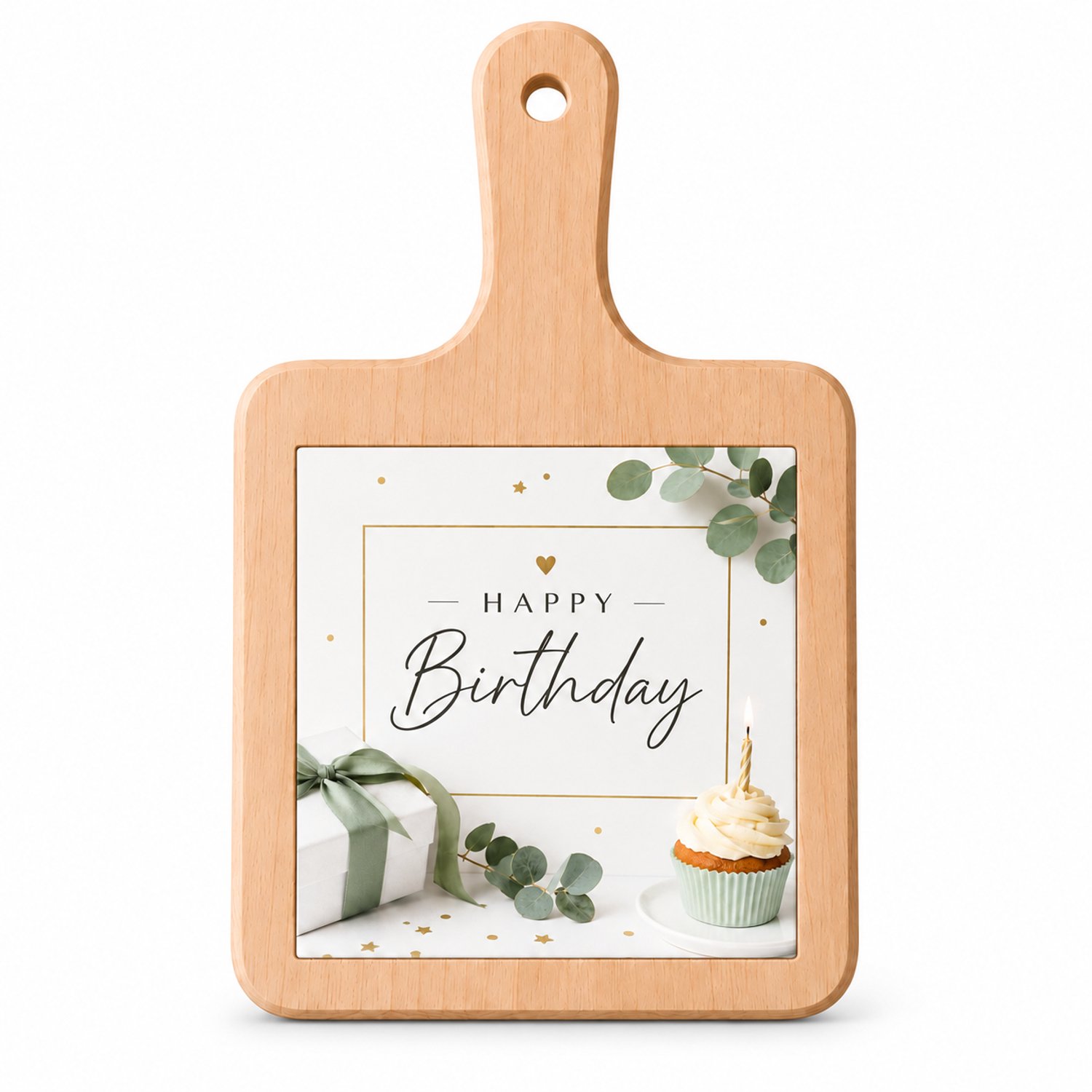Kaasplank Happy Birthday – Met Keramische Tegel – Houten Serveerplank 18 x 31 cm – Verjaardag Cadeau