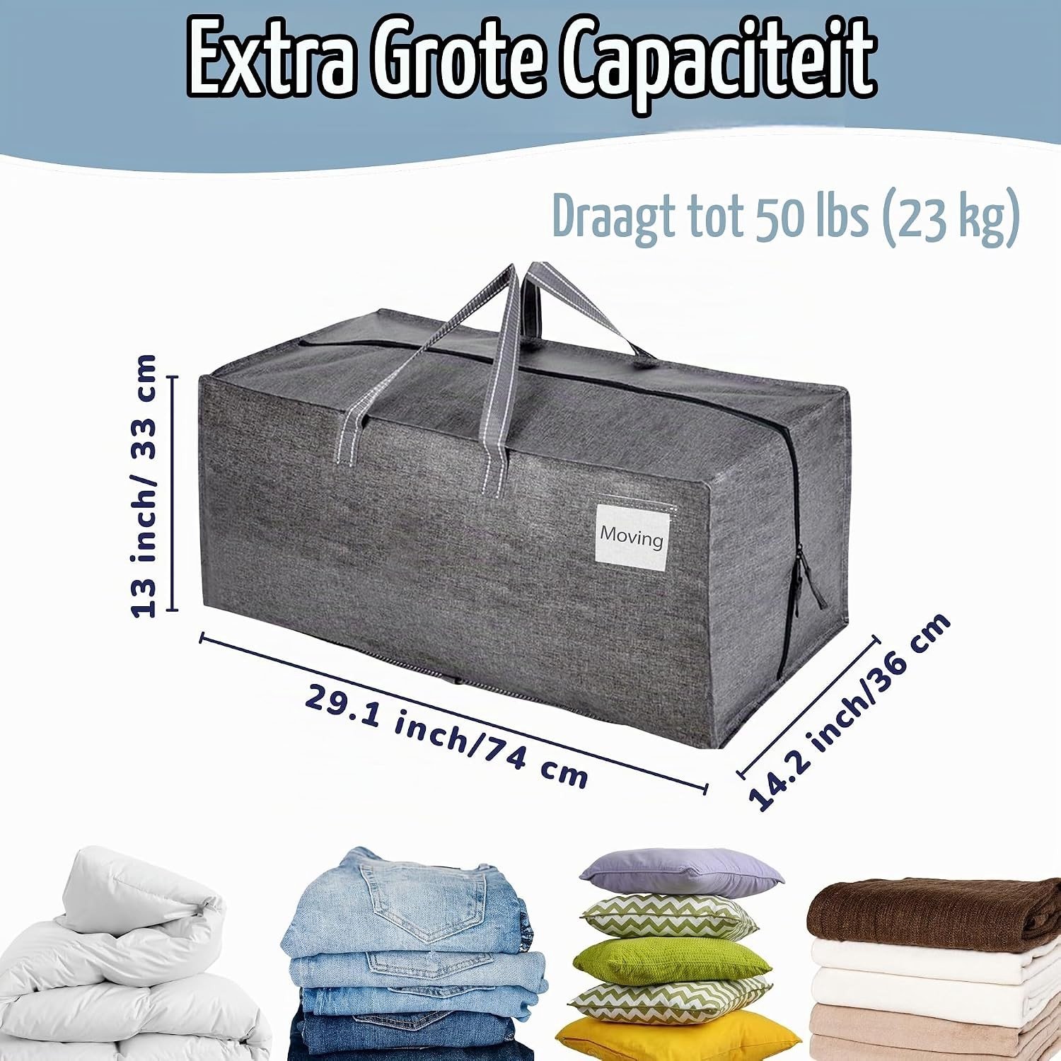 Verhuistassen - Grijs - Extra Groot - Sterke Handgrepen en Rugzakriemen - Voor Kledingopslag en Verhuizingen