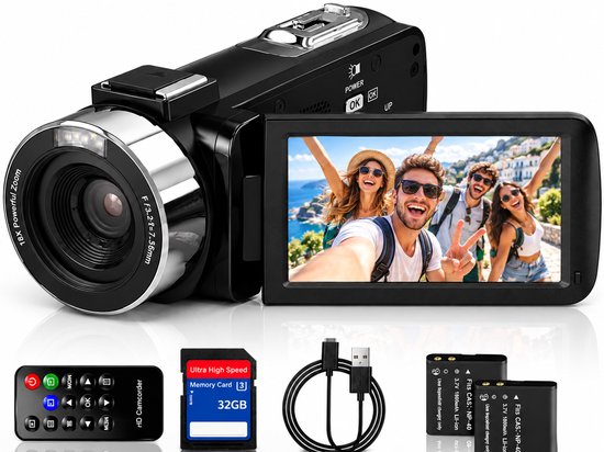 Caméscope HD noir avec zoom 18x, écran pivotant, télécommande, carte mémoire 32 Go, câble et deux batteries.