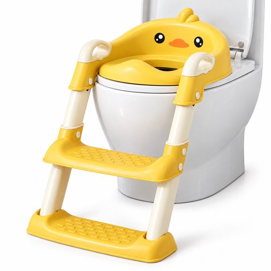 Gele kinder toilet trainer met eend-design en antislip opstapje, op een wit toilet.