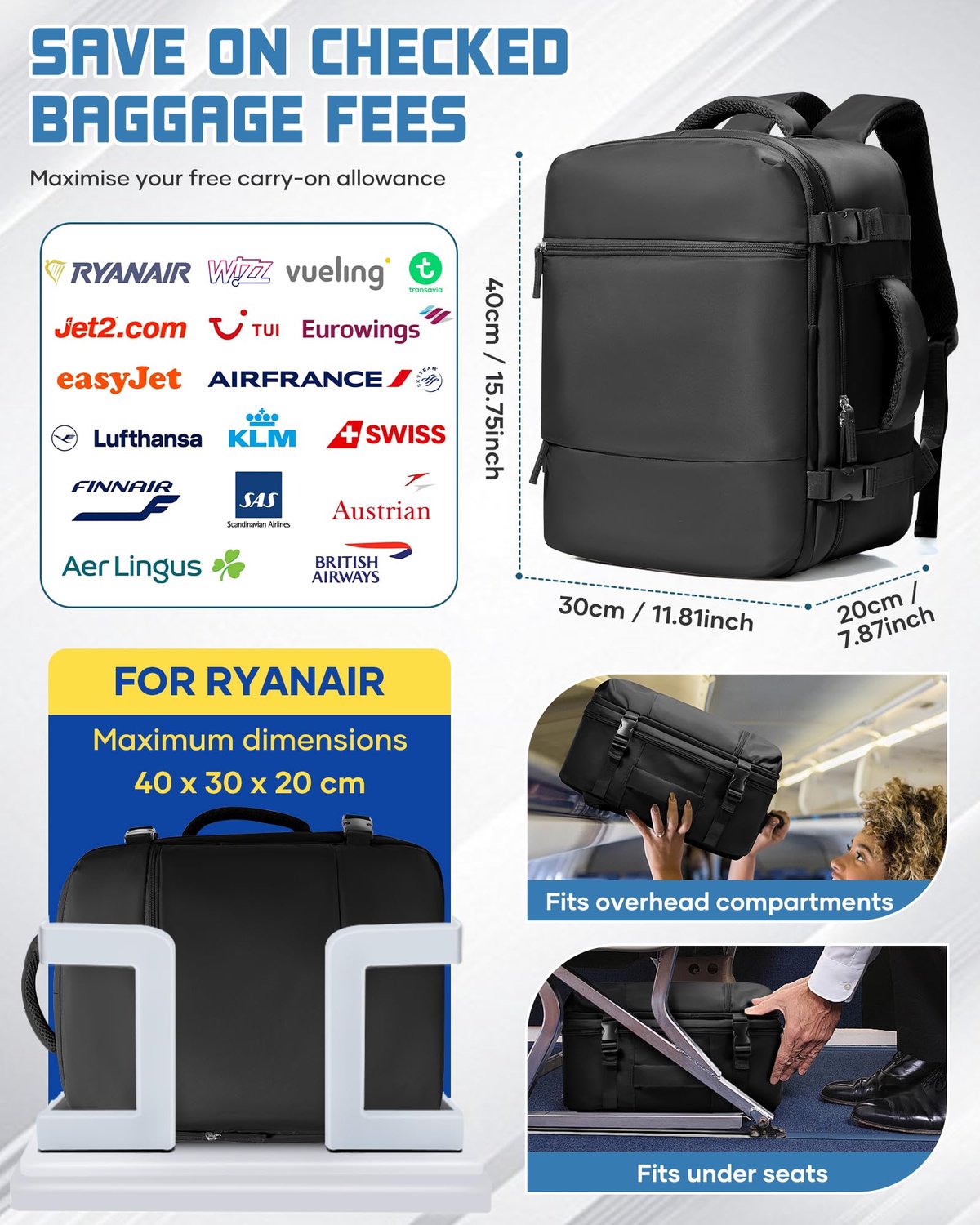 suradar Handbagage Rugzak 40x30x20 Ryanair 24L Reistas Zwart - ShopVlot