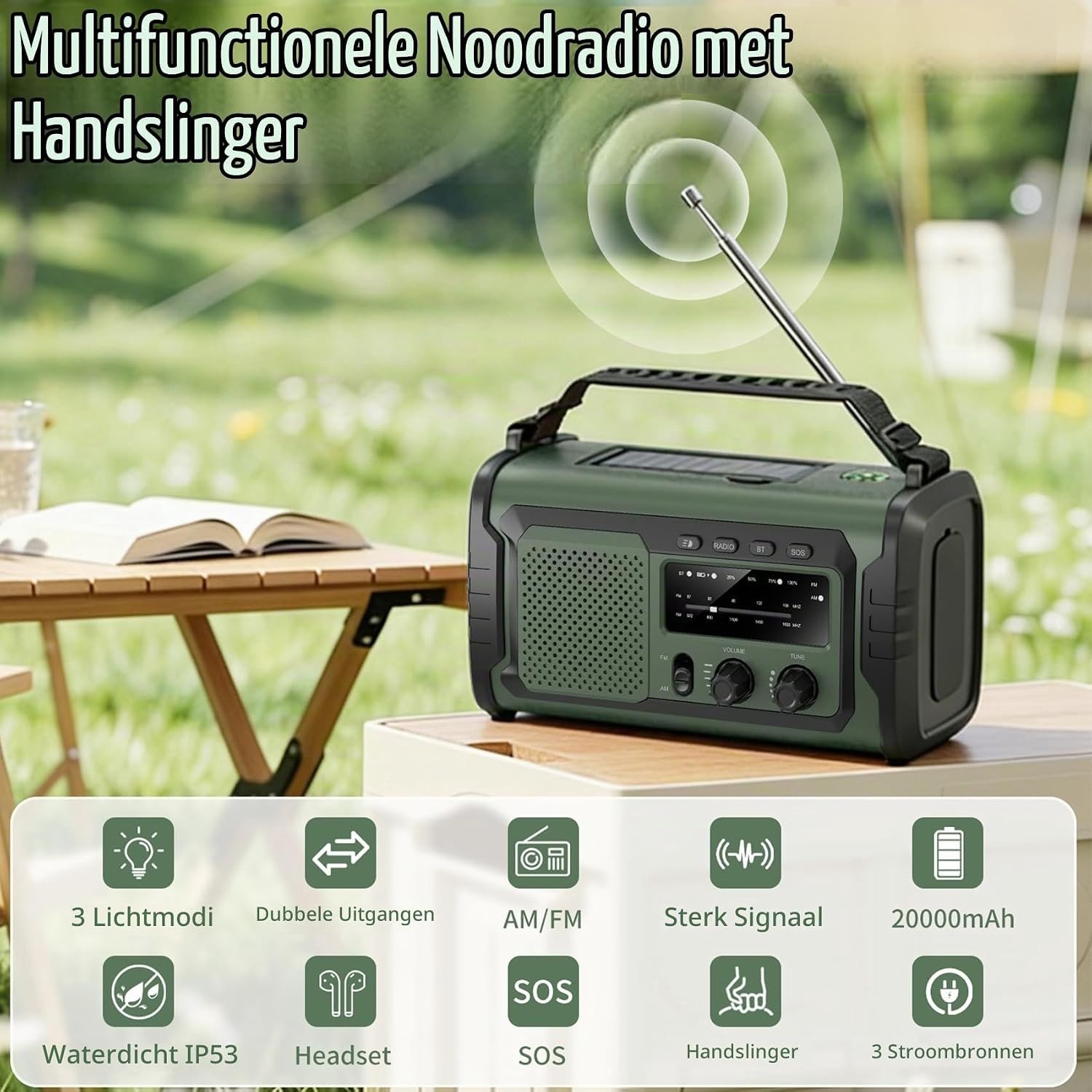 Noodradio - Groen - 27000 mAh - Met Solar, Bluetooth en SOS-functie - Voor Camping en Thuis