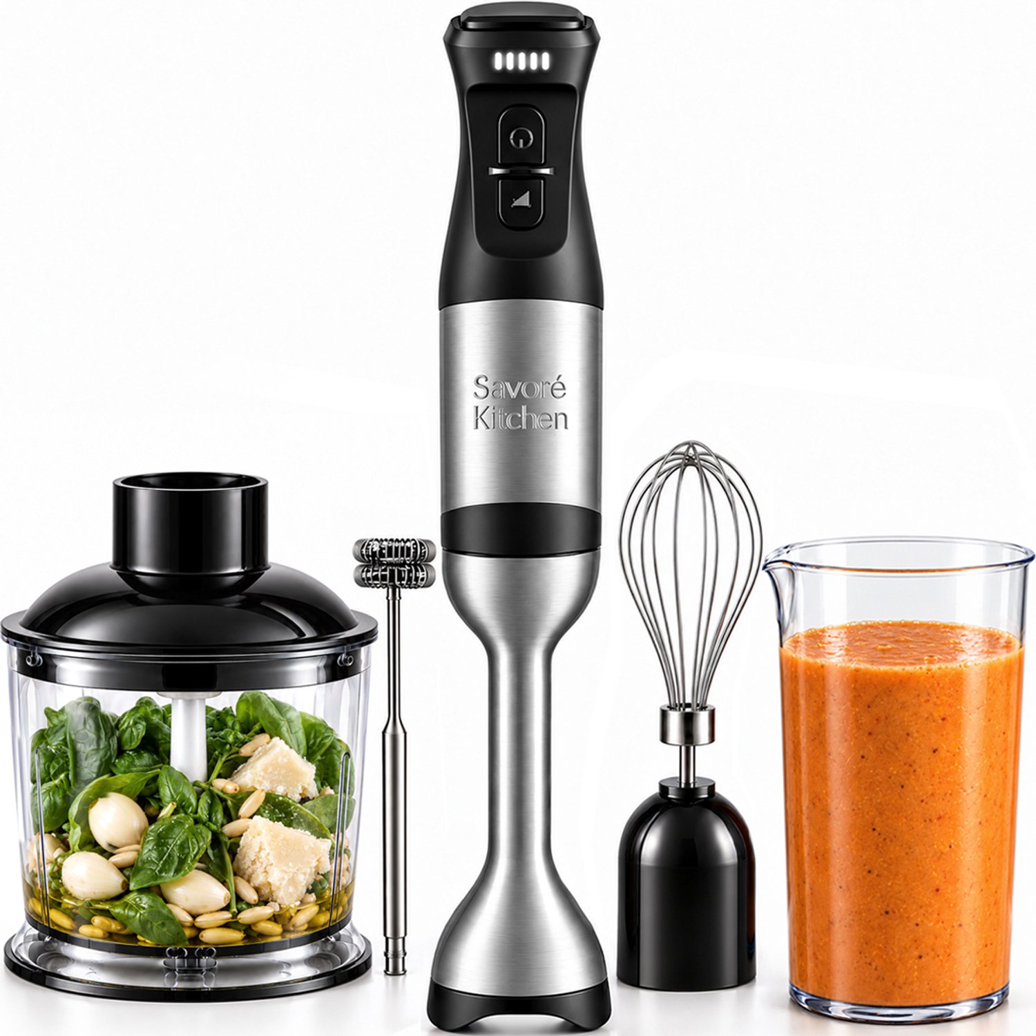 Savoré Kitchen Staafmixer Pro+ 1500W – Mixer Set met Hakmolen 600ml, Garde, Melkopschuimer en Maatbeker – 5 Snelheden – 6 Messen – RVS