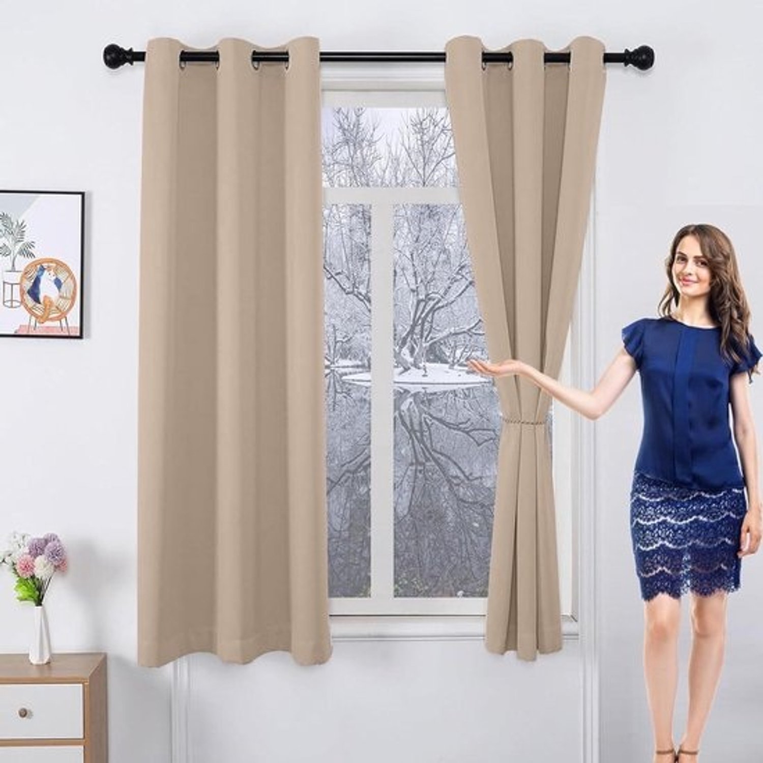 Woonkamergordijnen, Gordijnen met Haakjes 100 x 240 cm met Ringen, Ondoorzichtig, Vele Kleuren en Maten Deurgordijn, Draadgordijn met Franjes Voor de Woonkamer, Khaki