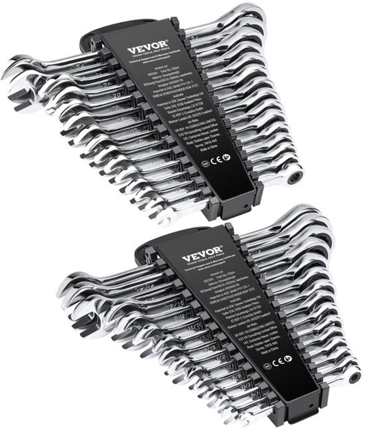 Combinatiesleutelset - Ratelsleutelset - Auto reparaties - Met organizerrek - SAE 1/4-1 inch - Chroom