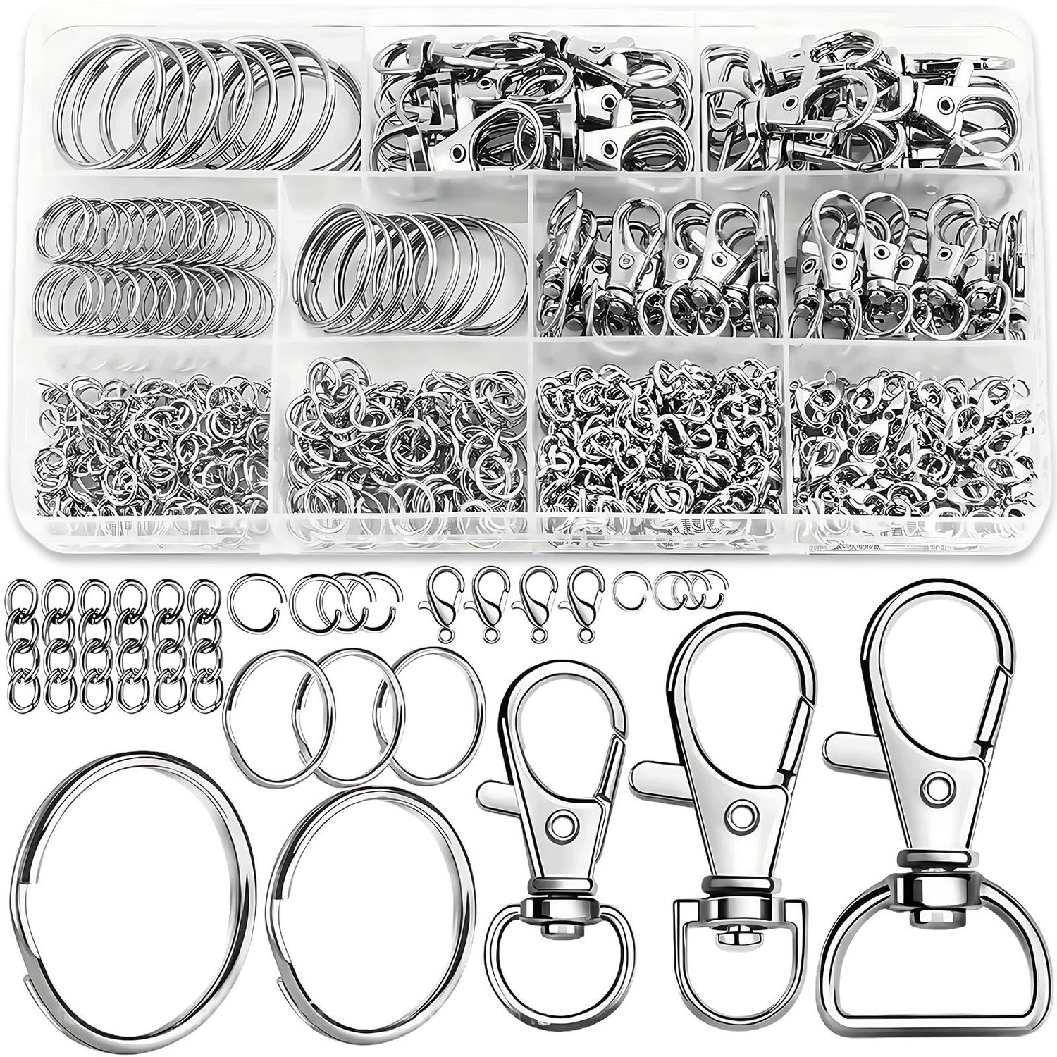265 Stuks Sieraden Componenten: Ringetjes, Sluitingen, Sleutelhangers - Zilverkleurig