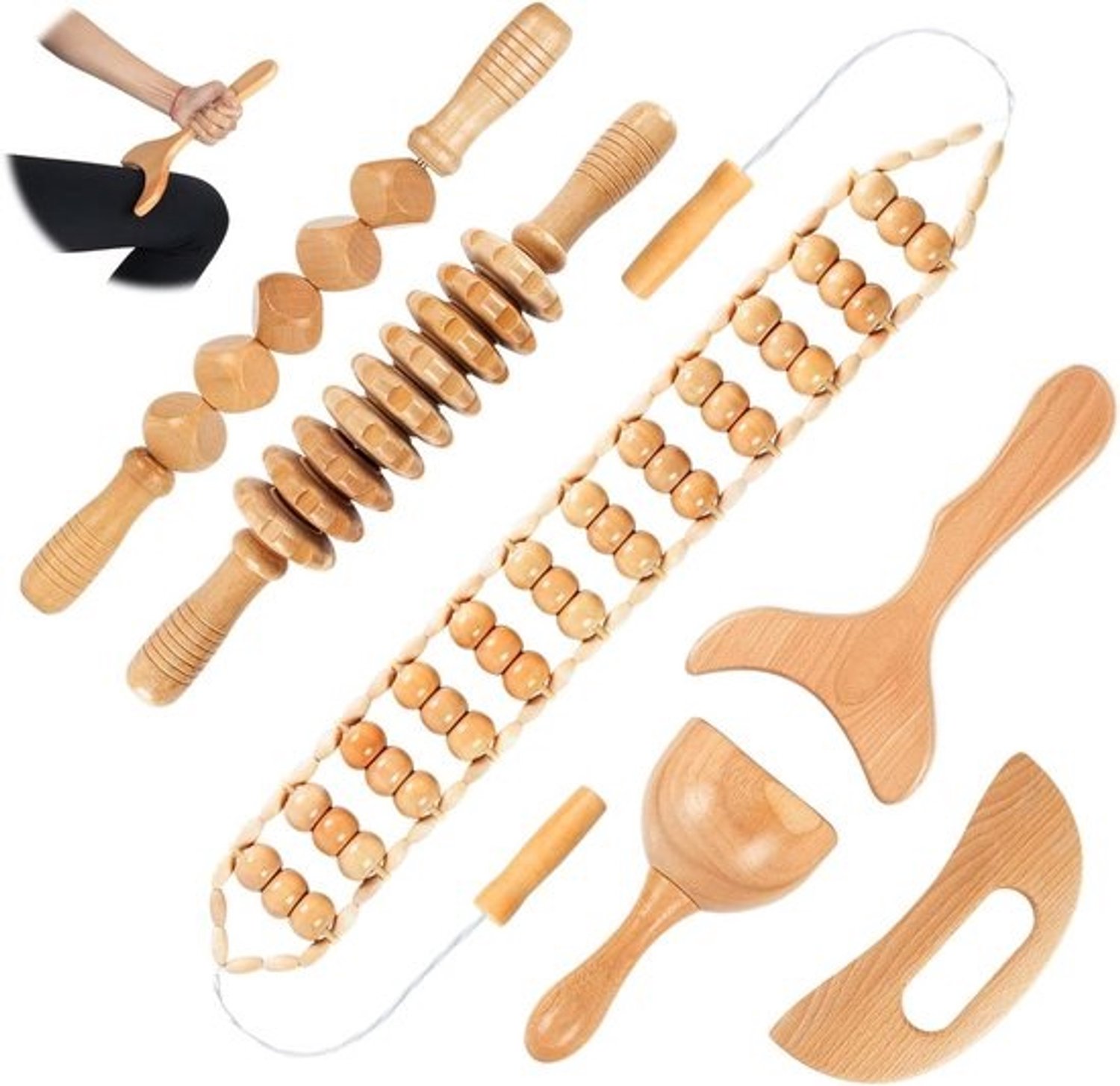Houttherapie Massage Set - Lymfedrainage Tools - Lichaamsmodellering - 6-delige Kit - 37 cm Lengte - Natuurlijk Hout