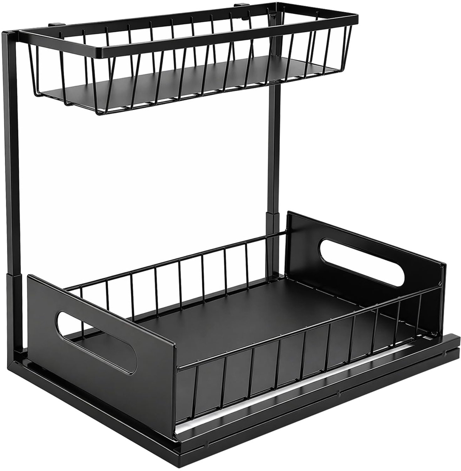 Famanu – 2-laags metalen keukenorganizer voor onder de gootsteen, L-vormige opbergoplossing met uittrekbare mand, 36 x 27 x 28 cm, geschikt voor keuken, badkamer en schoonmaakmiddelen
