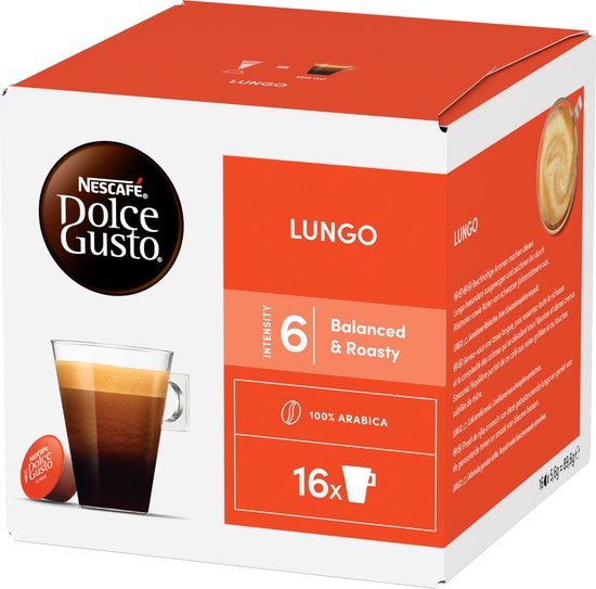 Doos Nescafé Dolce Gusto Lungo met een glas koffie, twee capsules en meertalige productinformatie.