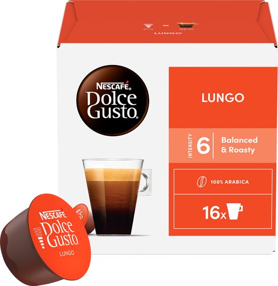 Nescafé Dolce Gusto Lungo verpakking met koffiecup, glas koffie. Intensiteit 6, 100% Arabica, 16 cups.