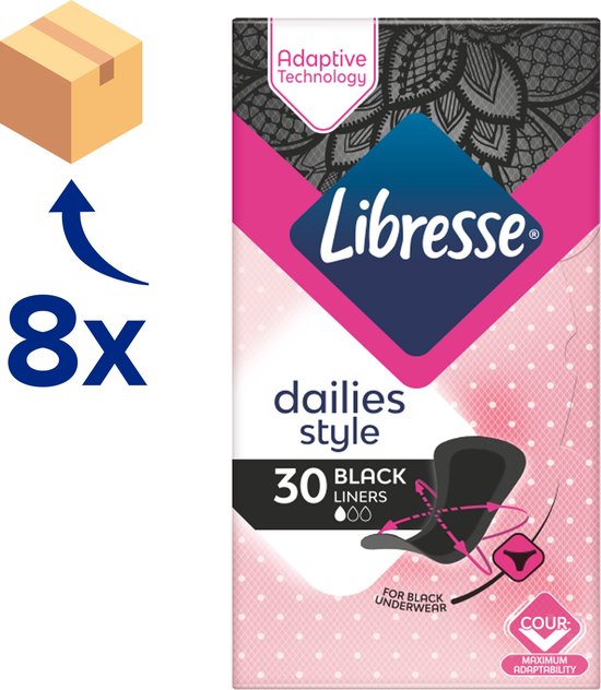 Libresse Dailies Style zwarte inlegkruisjes, 30 stuks voor zwart ondergoed, 8 pakken met adaptieve technologie en maximale aanpasbaarheid.