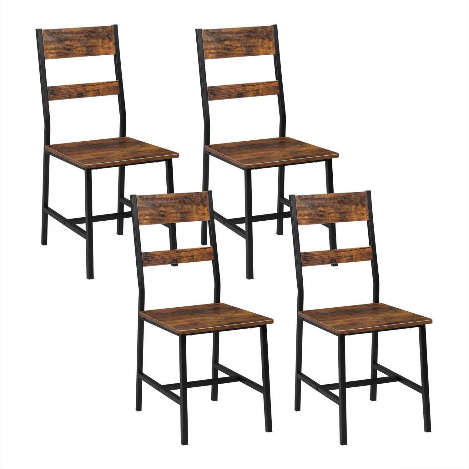 Whoopr® Set van 4 Industriële Eetkamerstoelen – Houten Keukenstoelen met Hoge Rugleuning & Metalen Frame – Stoelen Belastbaar tot 150 kg – Bruin/Zwart