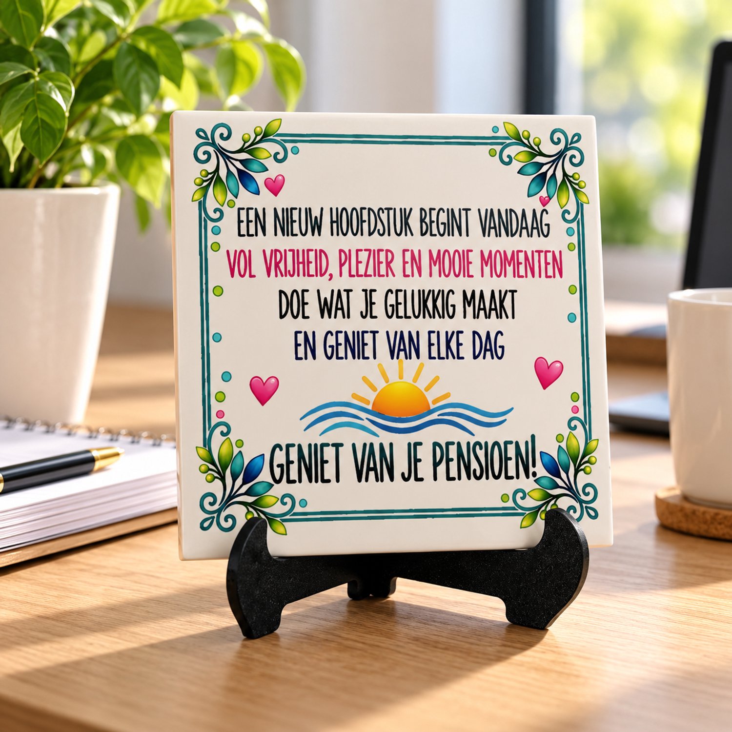 Afecto Tegeltje Pensioen 15x15 cm – Bedankt voor alle jaren inzet – Cadeau voor pensioen – Inclusief standaard