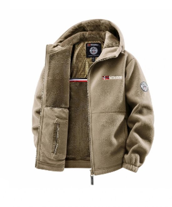 Kaki fleece jas met capuchon, ritssluiting en teddy voering.