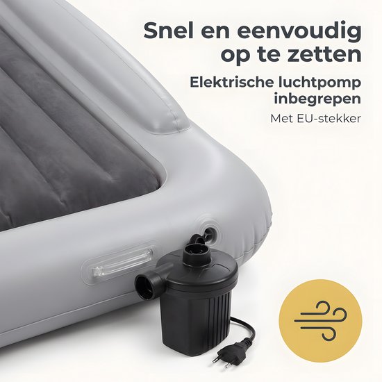 Opblaasbaar kinderreisbed - Verhoogde randen - Uitneembaar veloursachtig matras - 160 x 100 x 30 cm - Inclusief elektrische luchtpomp - PVC - Grijs — afbeelding 4