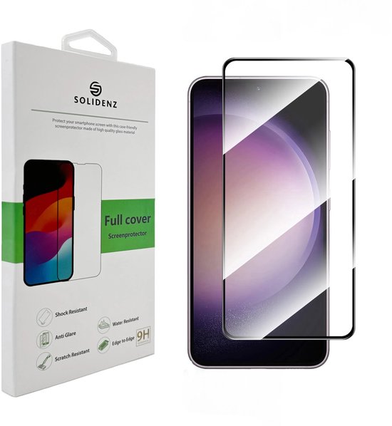Emballage du protecteur d'écran Solidenz avec un protecteur d'écran intégral adjacent à bords noirs pour Samsung Galaxy S24 FE.