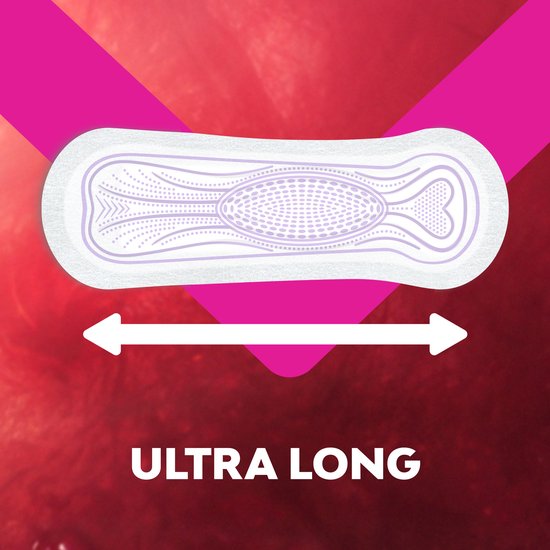 Ultra lang maandverband met paars patroon op een rode achtergrond.