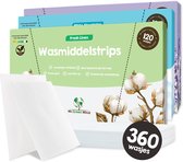Verpakking met 360 wasstrips voor 360 wasbeurten in 3 geuren: Fresh Linen, Misty Mountains en lavendel. Met 'Vegan' en 'Plasticvrije verpakking' logo's.