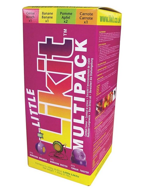 Likit multipack doos met paarse en gele tekst. Bevat 5 Little Likit refills. Met afbeeldingen van de geuren Kirsch, Banaan, Appel en Wortel.