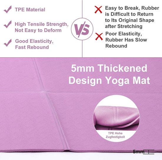 Opvouwbare yoga mat - sport pilates mat - fitness mat - draagbaar - paars - 183 x 61 x 0.4cm — afbeelding 4