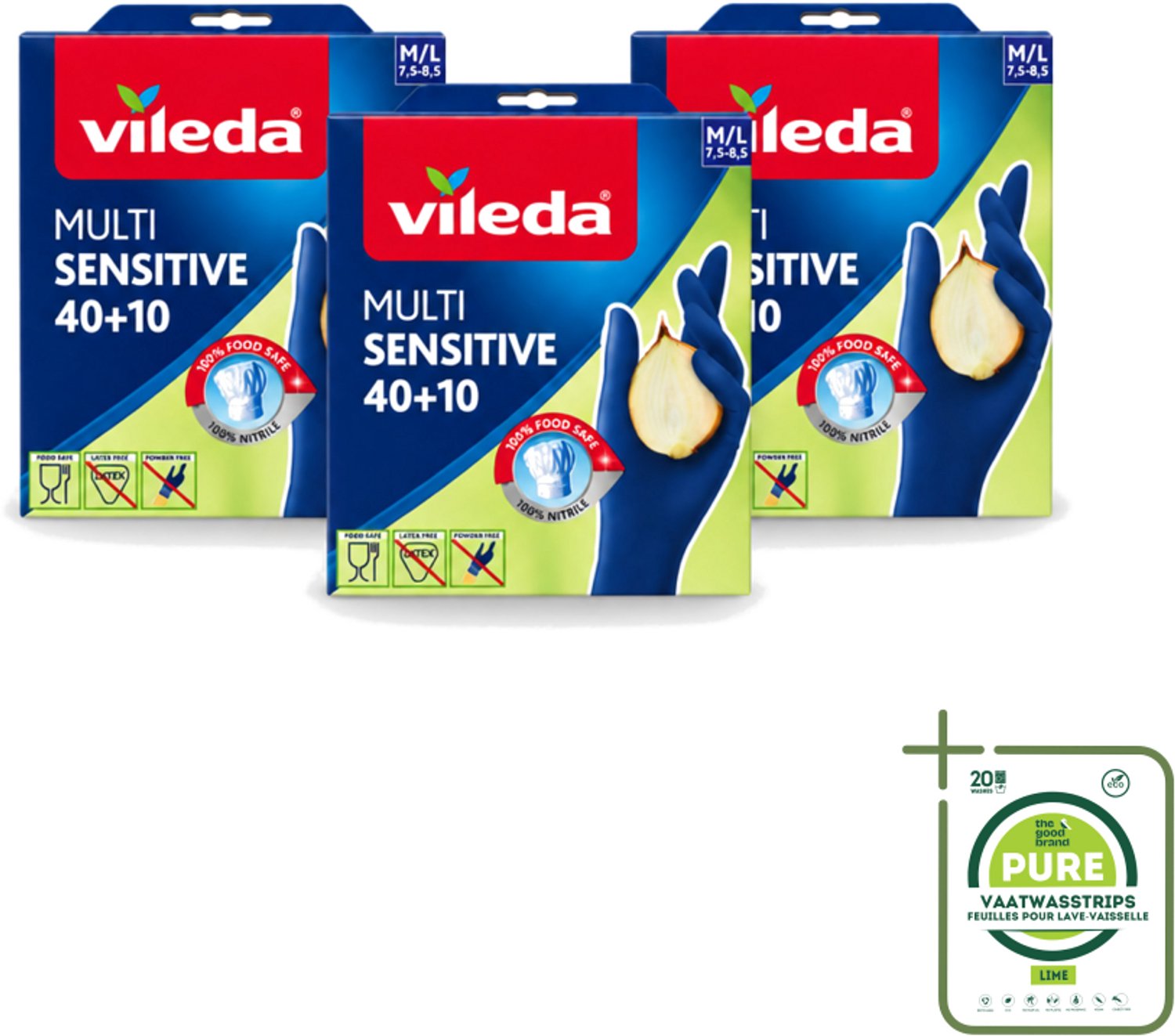 3 x Vileda - Multi Sensitive - Nitrile Handschoenen - Maat M/L - 50 Paar - Grootverpakking - Vaatwasstrips - Nitril Handschoenen - Latexvrije Handschoenen - Voedselhandschoenen - Hygiëne Handschoenen - Vetbestendige Handschoenen