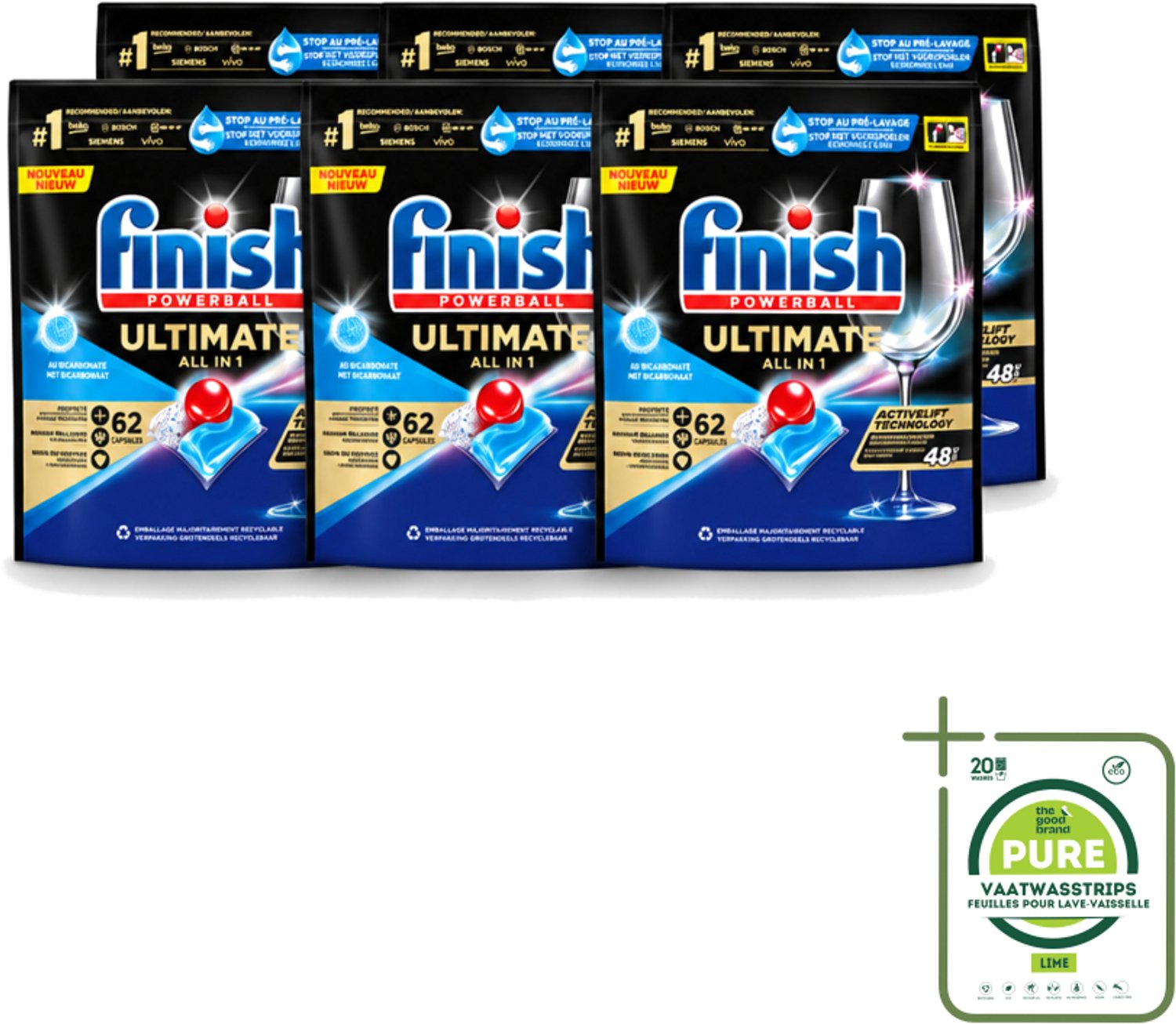 6 x Finish Powerball - Ultimate All in One - Vaatwastabletten - Met Bicarbonaat - 62 Capsules - Grootverpakking - Vaatwasstrips - Vaatwasmiddel - Vaatwascapsules - Glans - Reiniging - Vlekken Verwijderen