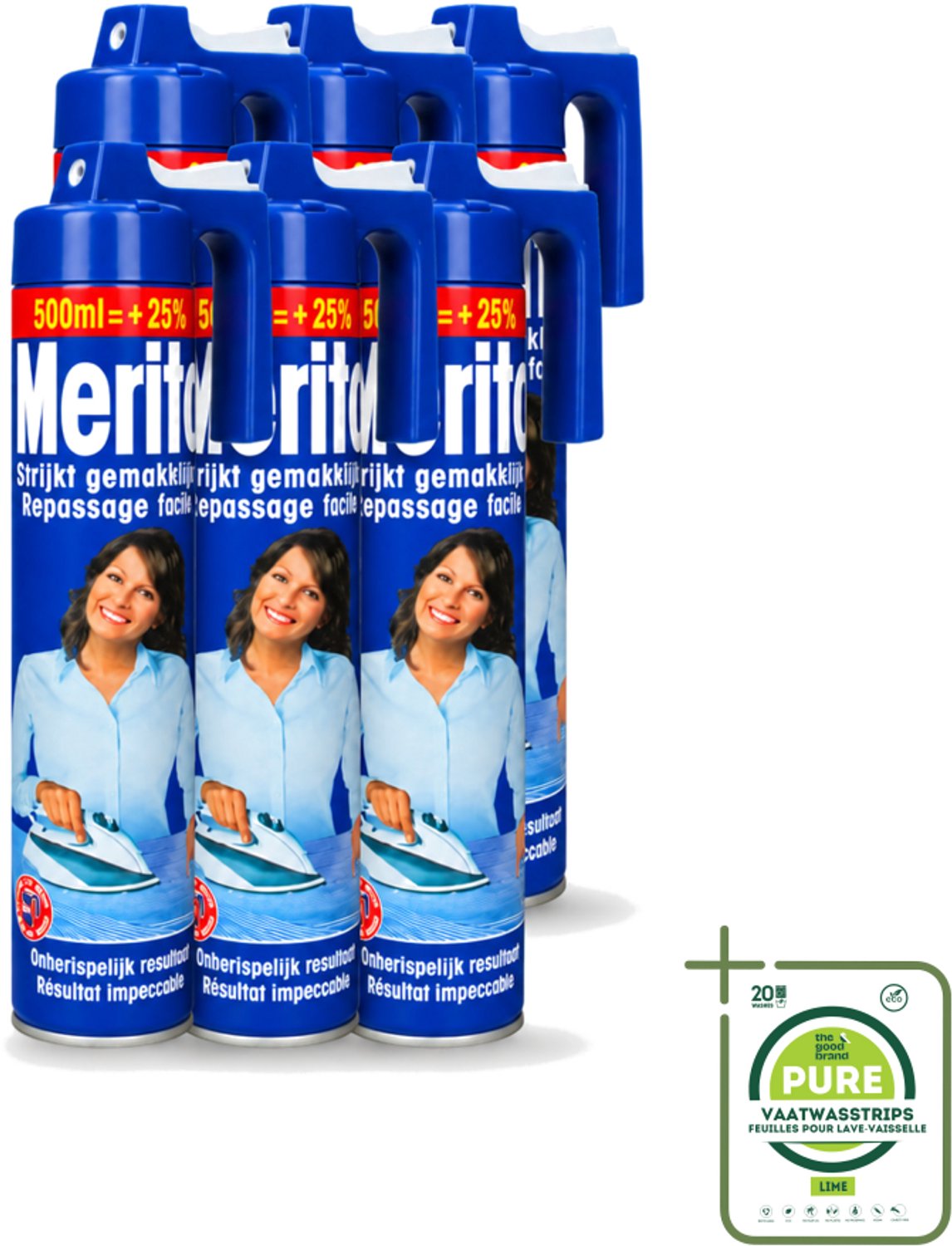 6 x Merito - Strijkspray - 500 ml - Grootverpakking - Vaatwasstrips - Strijkspray - Linnen Strijken - Kleuren Herstellen - Strijken Makkelijker - Frisse Geur