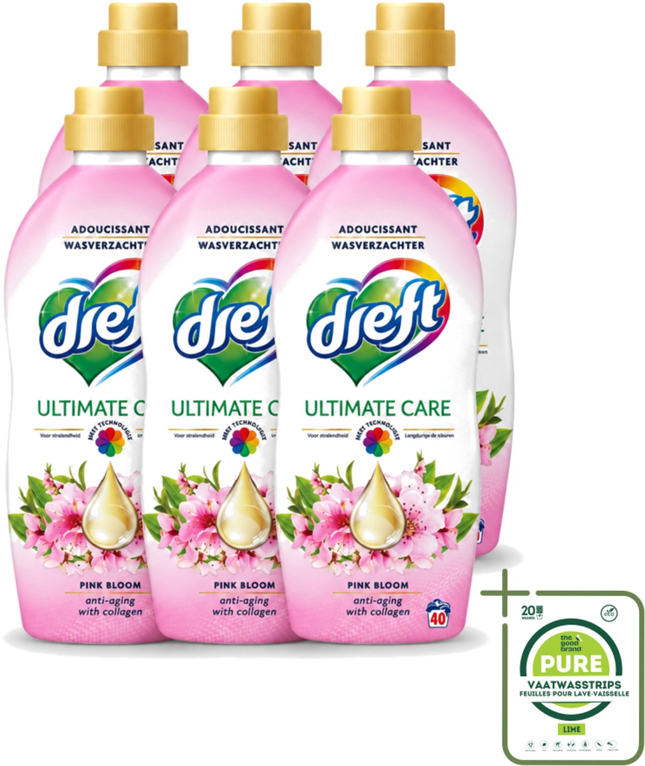 6 x Dreft - Ultimate Care - Wasverzachter - Roze Bloem - Anti-Veroudering - 40 Wasbeurten - Grootverpakking - Vaatwasstrips - Wasverzachter - Anti-aging - Kleurbescherming - Wasgoed Verzorging - Roze Bloem Geur