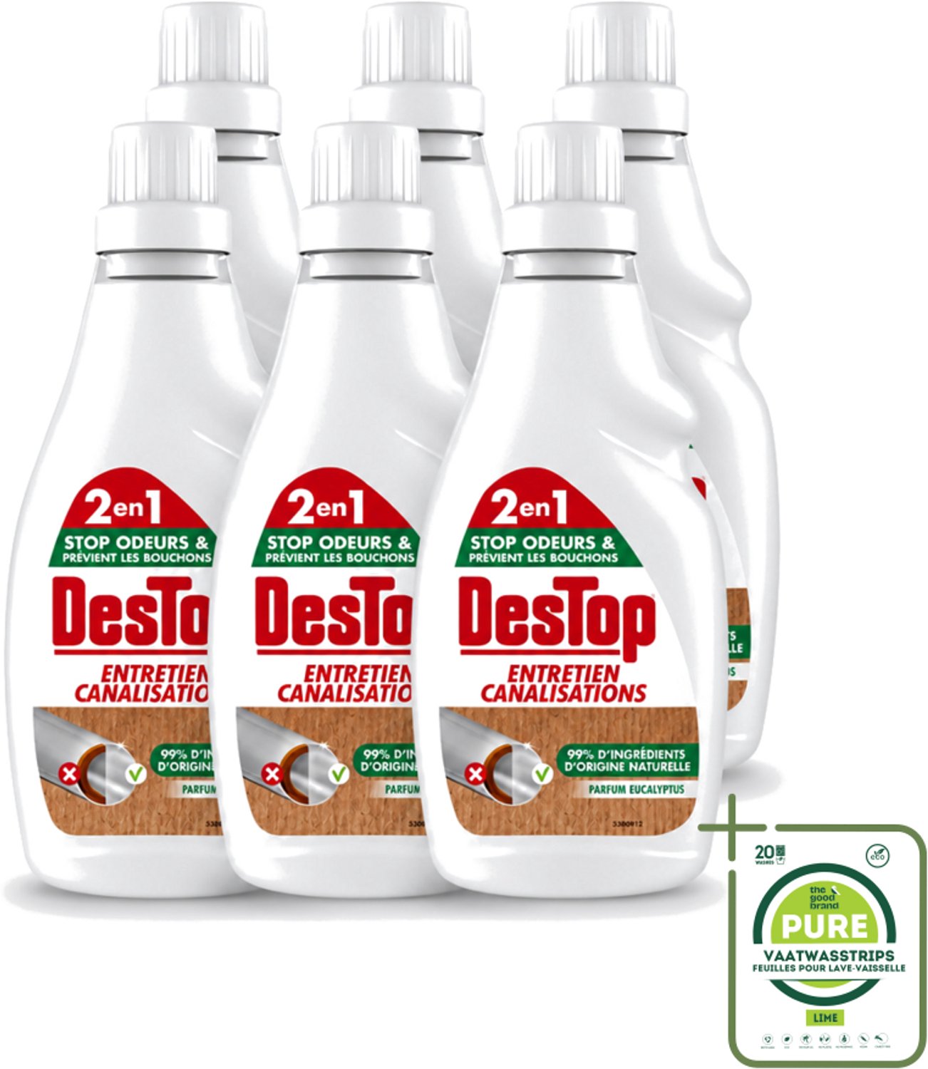 6 x DesTop - Onderhoud Leidingen - Ecologisch met Witte Azijn - Natuurlijke Ingrediënten - Eucalyptusgeur - 750 ml - Grootverpakking - Vaatwasstrips - Leidingen Onderhouden - Ecologisch Onderhoud - Witte Azijn - Natuurlijke Reiniging - Eucalyptusgeur