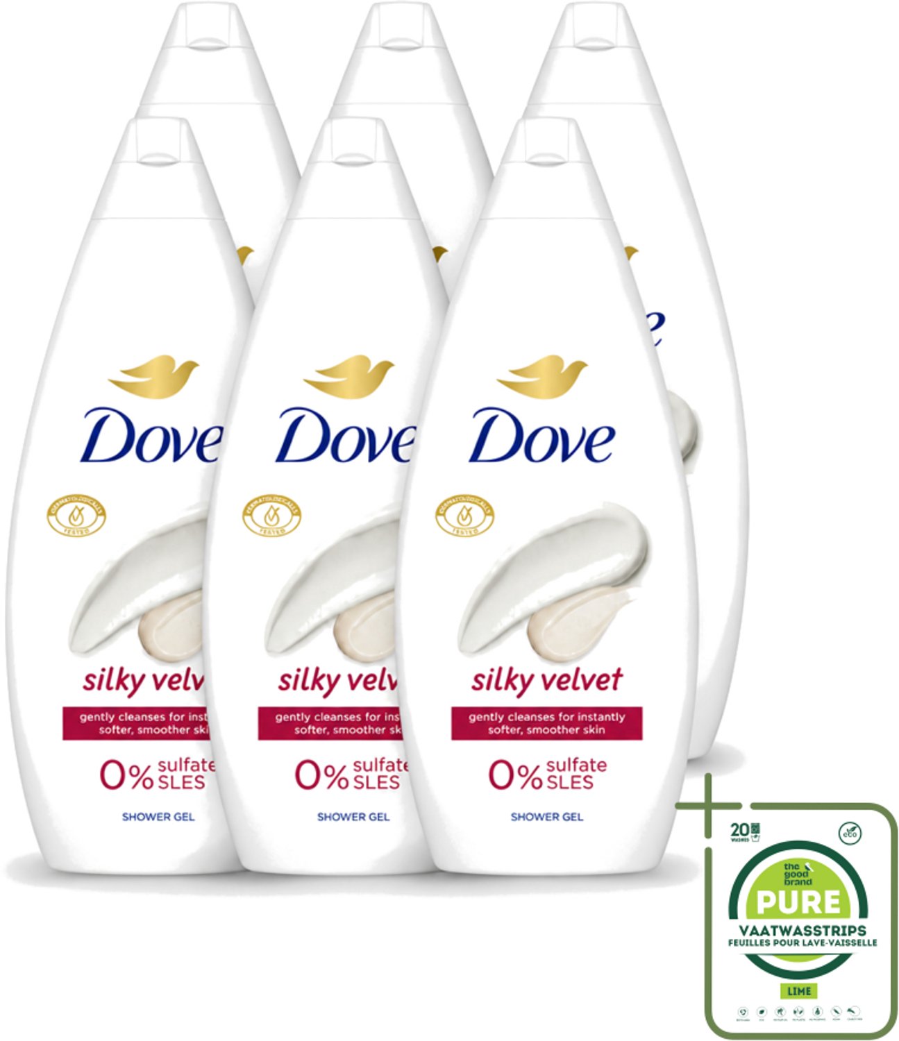 6 x Dove Silky Velvet - Douchegel - Sulfaatvrij - 250 ml - Grootverpakking - Vaatwasstrips - Douche Gel - Zijdezachte Huid - Sulfaatvrije Douche - Hydraterende Douche - Huid Verzorging