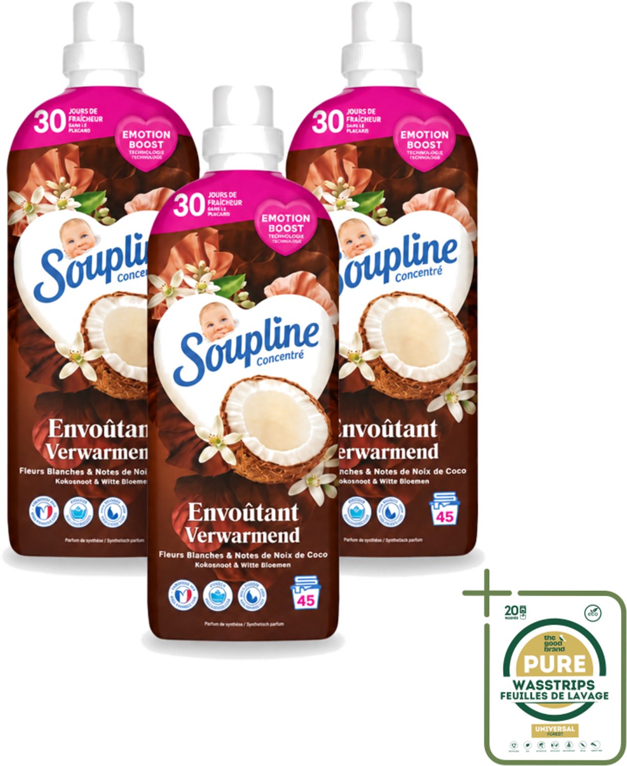 3 x Soupline – Wasverzachter – Verwarmende Kokosnoot & Witte Bloemen – 950 ml - Wasstrips - Wasverzachter - Kokosnoot - Witte Bloemen - Warme Geur - Wasgoed
