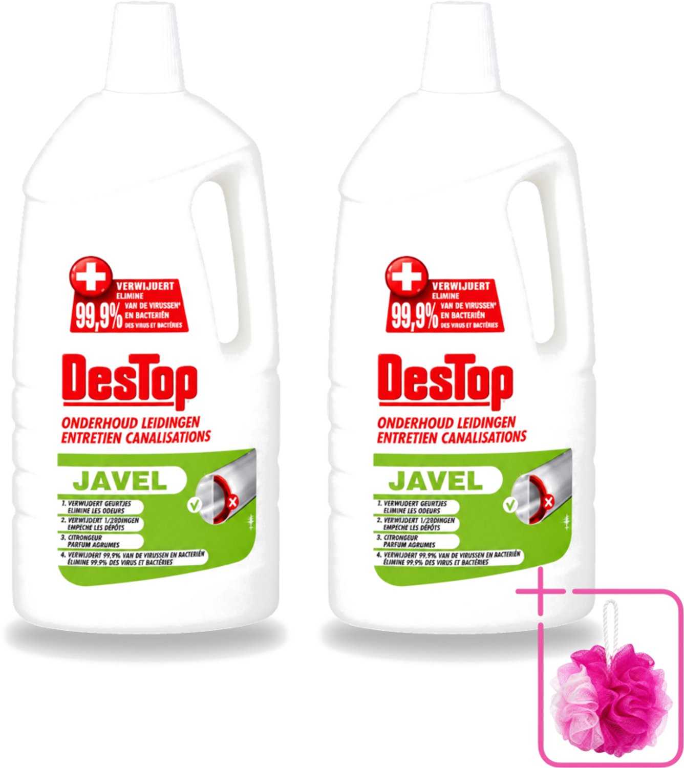 2 x DesTop - Onderhoud Leidingen - Javel - 4-in-1 Werking - Citroengeur - 1,5L - Bulkverpakking - Leidingen reinigen - Douchemop - Leidingen onderhouden
