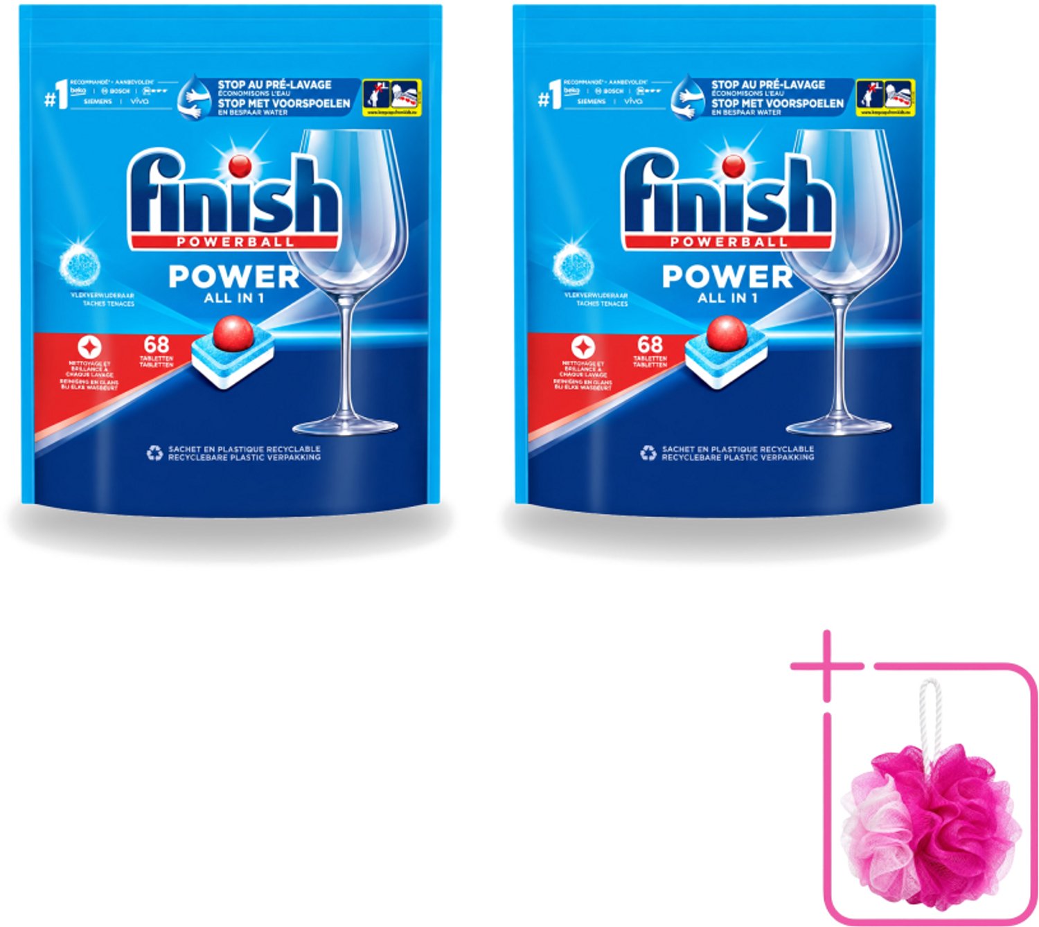 2 x Finish Powerball - Power All in 1 - Vaatwastabletten - Reiniging & Glans - 68 Tabletten - Bulkverpakking - Vaatwastabletten - Douchemop - Vaat reinigen