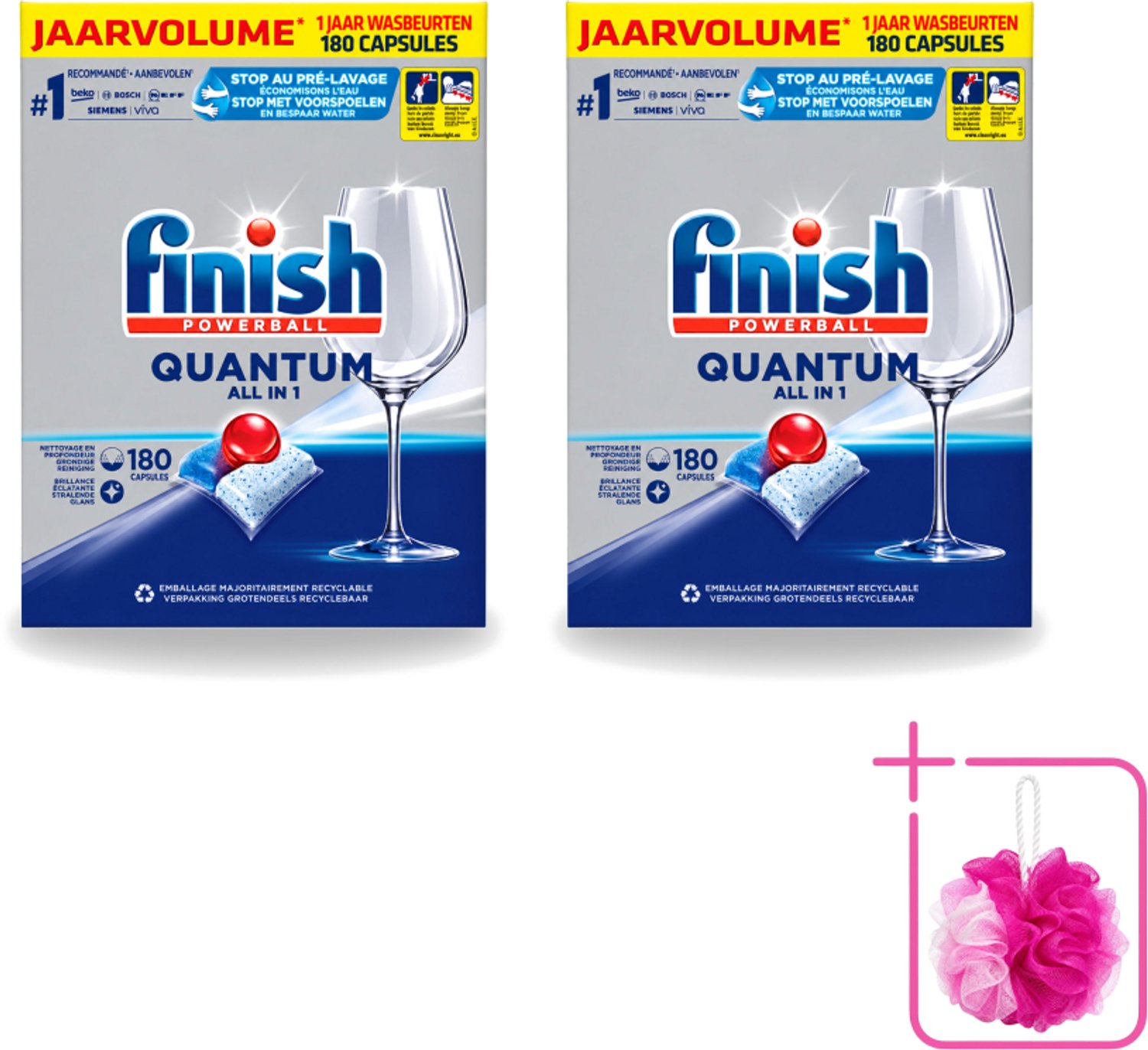 2 x Finish Powerball - Quantum All in 1 - Vaatwastabletten - 180 Tabletten - Bulkverpakking - Vaatwassen - Douchemop - Vaatwastabletten