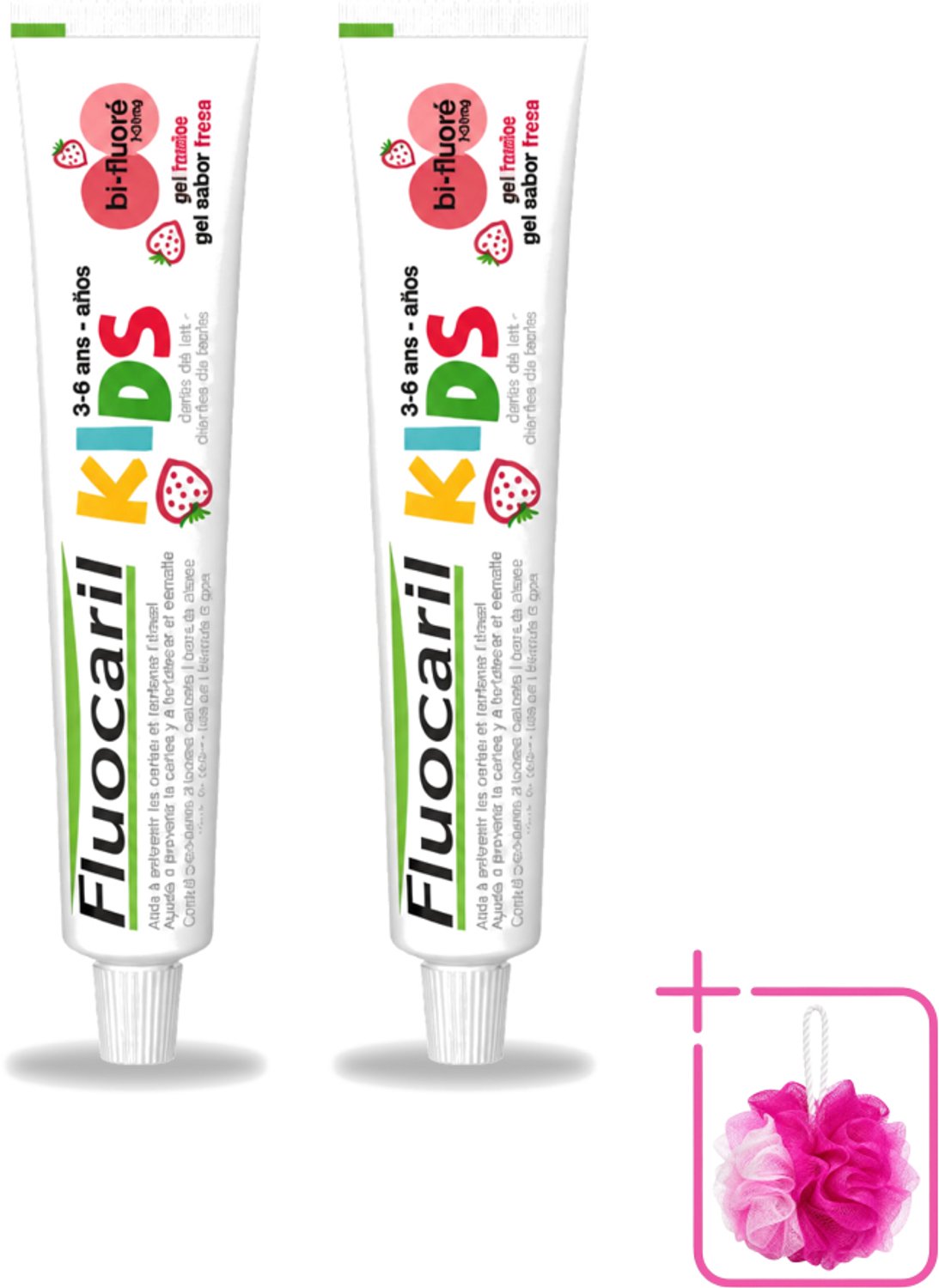 2 x Fluocaril Kids - Bi-Fluoride - Tandpasta - Met Aardbeiensmaak - 3 tot 6 jaar - 50 ml - Bulkverpakking - Tandpasta voor kinderen - Douchemop - Melktanden beschermen