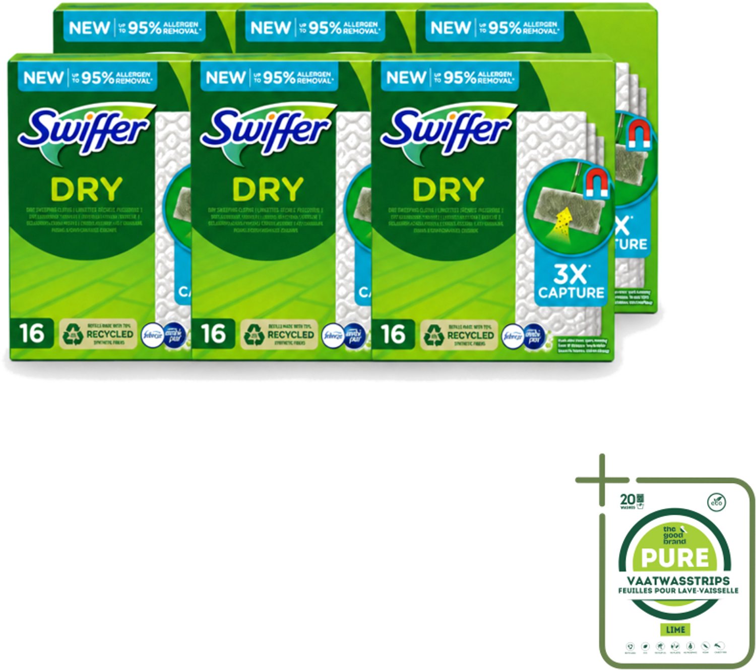 6 x Swiffer – Vloerdoekjes – Dry Navullingen – 16 doekjes - Grootverpakking - Vaatwasstrips - Vloerreiniger - Droge Doekjes - Stofzuiger - Haren Verwijderen - Vloer Reinigen