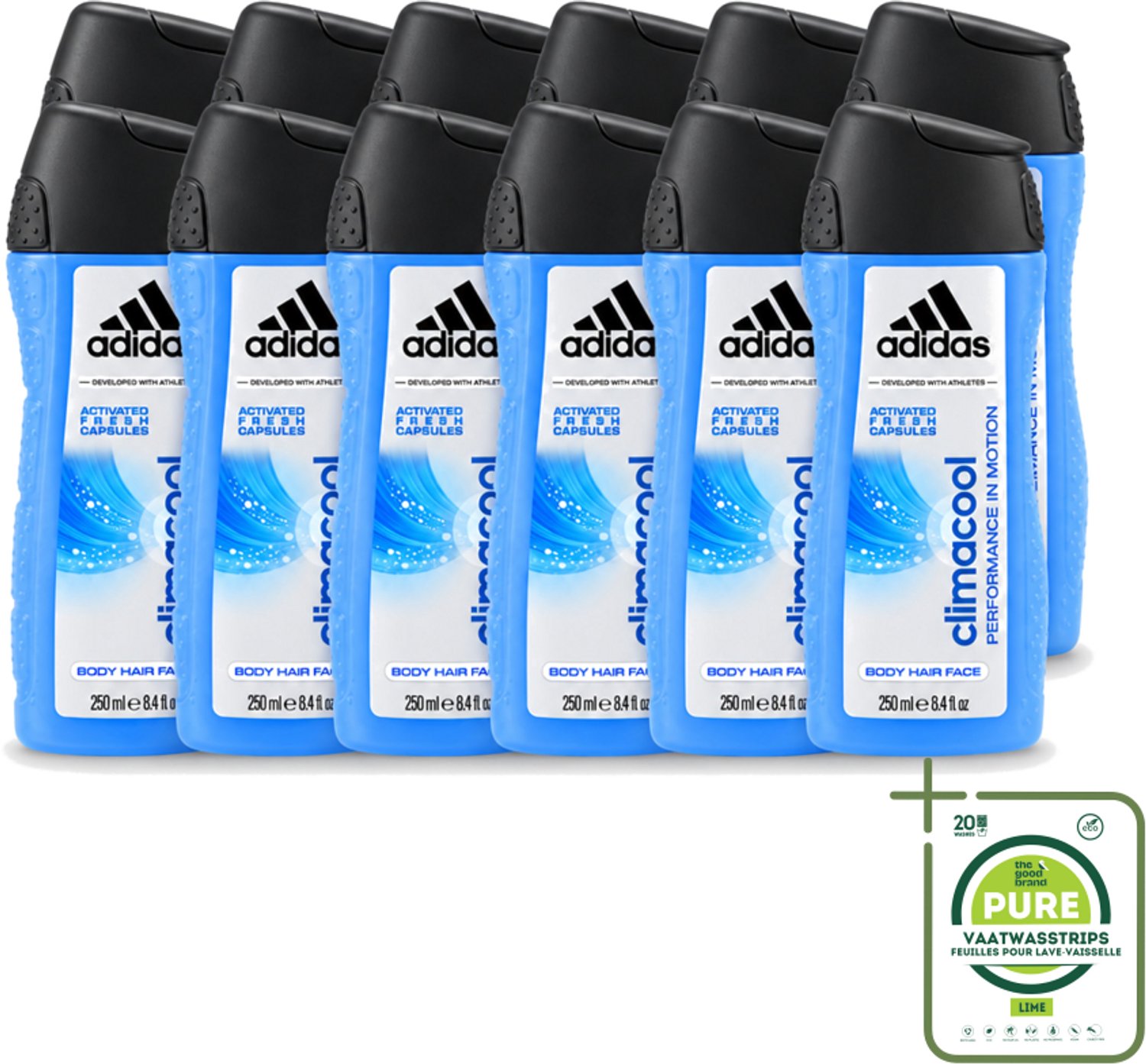 12 x Adidas – Douchegel – Climacool Men – 250 ml - Grootverpakking - Vaatwasstrips - Douchegel - Frisheid - Sportgeur - Actieve Frisheid - Bewegingssensor