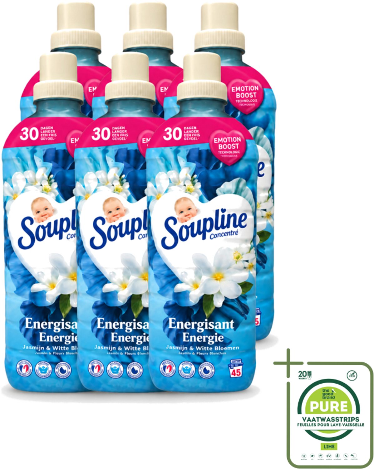6 x Soupline – Wasverzachter – Energie Jasmijn & Witte Bloemen – 950 ml - Grootverpakking - Vaatwasstrips - Wasverzachter - Jasmijn - Witte Bloemen - Fris - Energie
