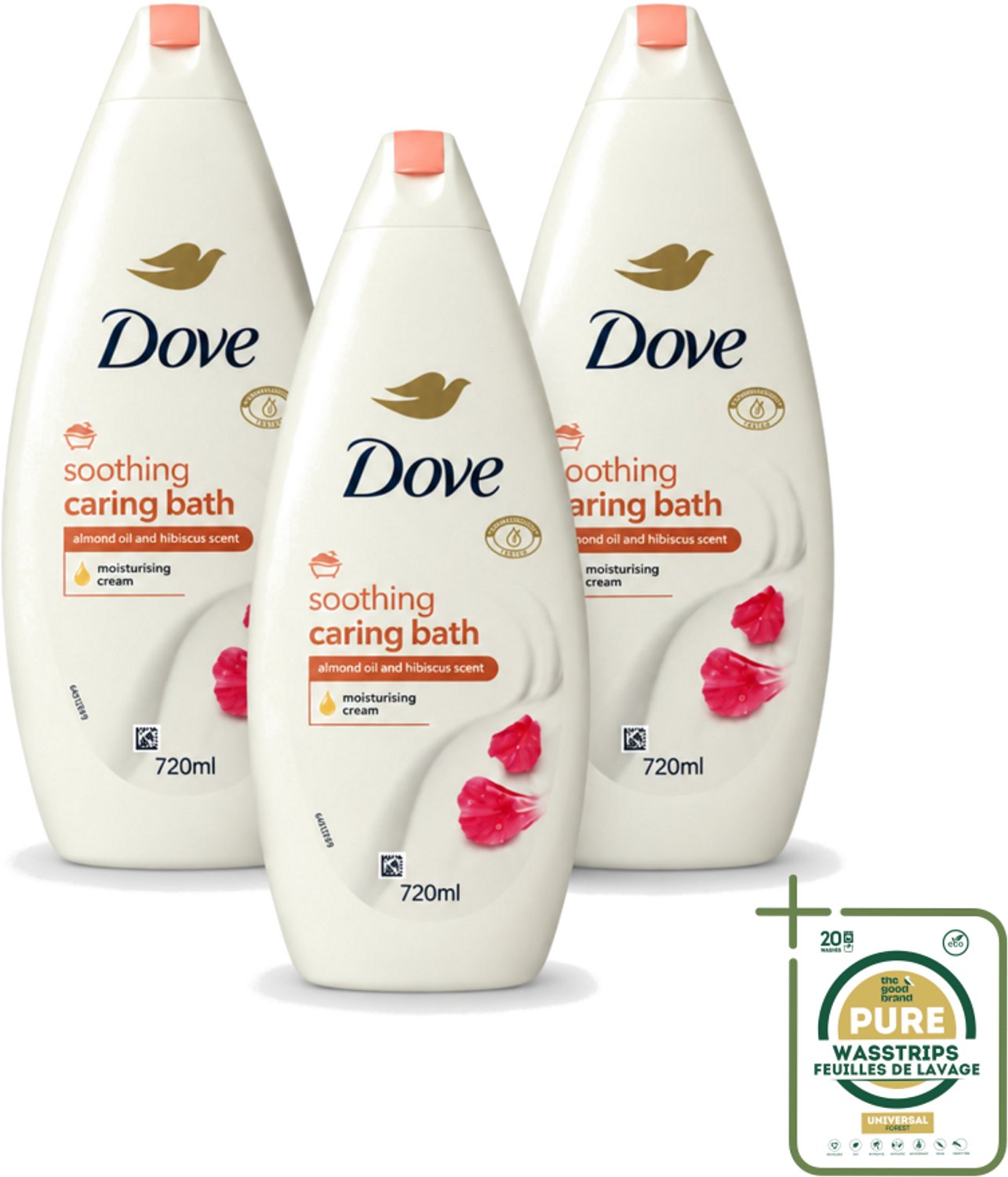 3 x Dove – Badcrème – Soothing Almond Oil & Hibiscus – 720 ml - Wasstrips - Douchegel - Huidverzorging - Kalmerend - Schuim - Amandelolie