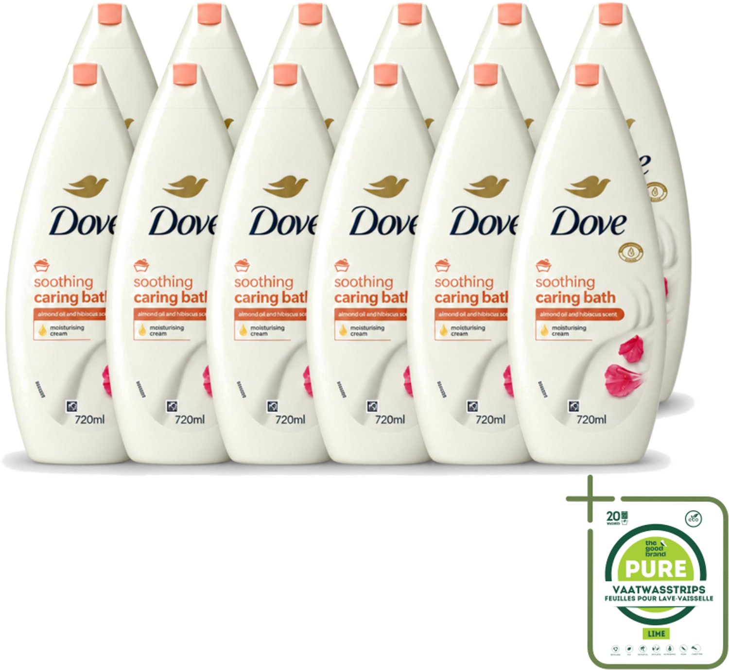 12 x Dove – Badcrème – Soothing Almond Oil & Hibiscus – 720 ml - Grootverpakking - Vaatwasstrips - Douchegel - Huidverzorging - Kalmerend - Schuim - Amandelolie