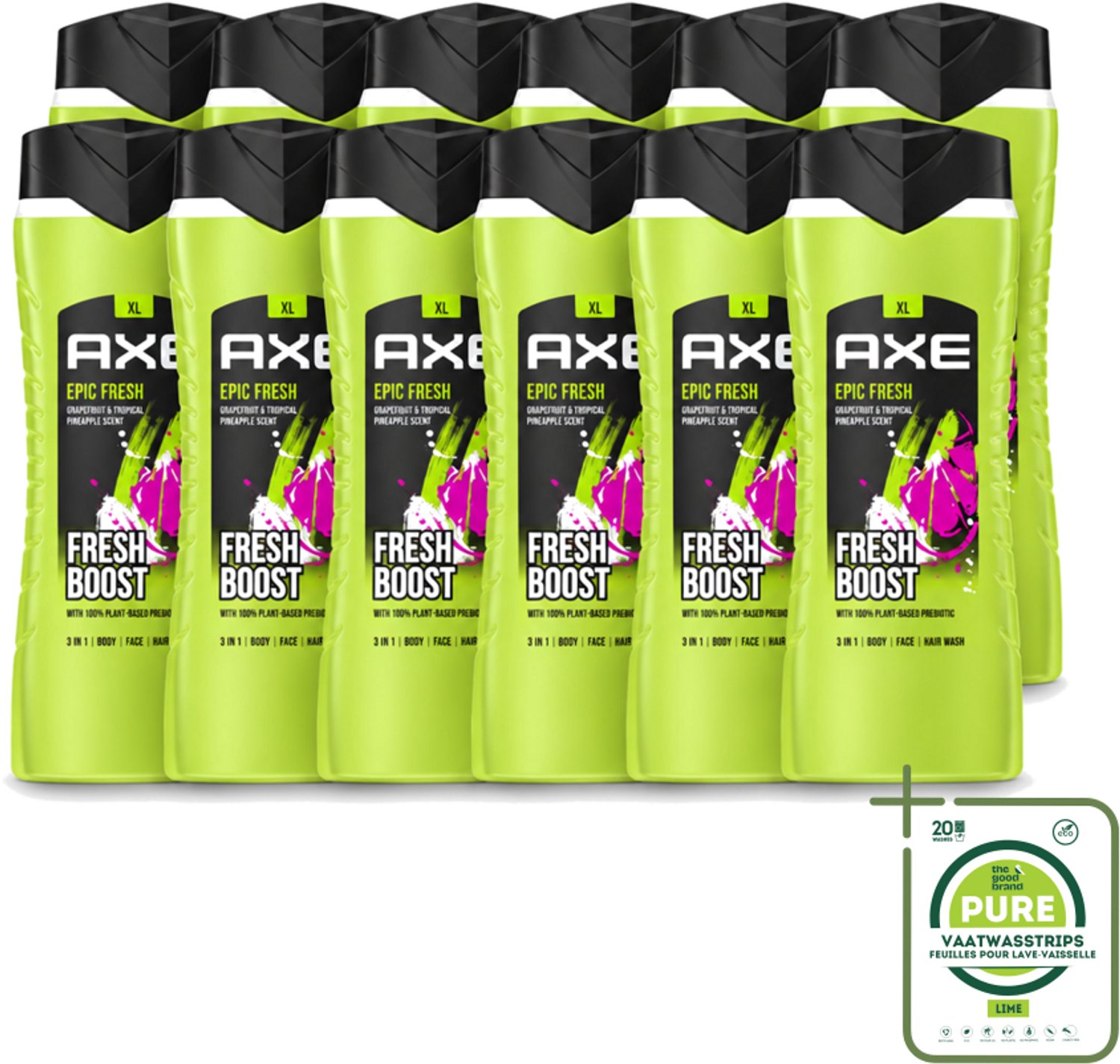 12 x AXE – Douchegel – Epic Fresh Fresh Boost 3-in-1 – 400 ml - Grootverpakking - Vaatwasstrips - Douchegel - Frisheid - Lichaam - Gezicht - Haar