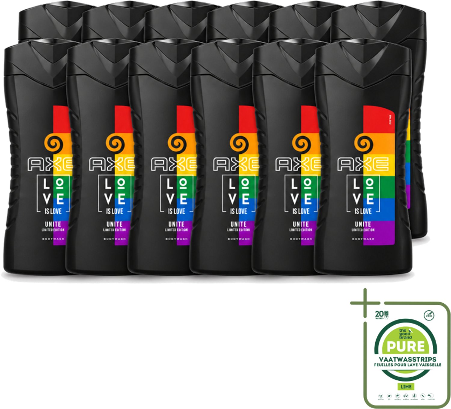 12 x AXE – Bodywash – Unite Love Is Love – 250 ml - Grootverpakking - Vaatwasstrips - Douchegel - Africa - Frisheid - Schuim - Reiniging