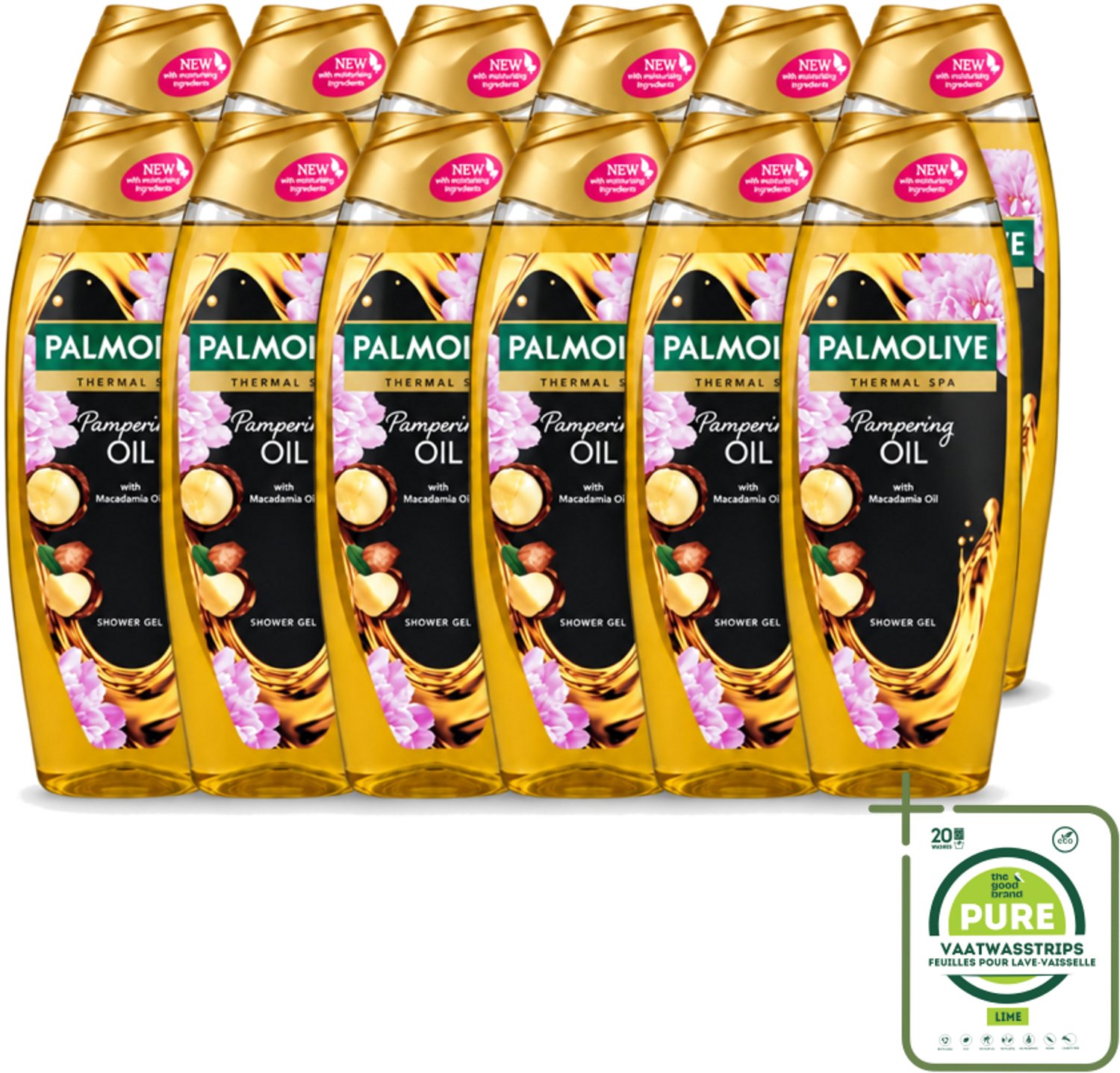 12 x Palmolive – Douchegel – Thermal Pampering Oil – 650 ml - Grootverpakking - Vaatwasstrips - Douchegel - Huidverzorging - Warme Douchegel - Voedende Douchegel - Aromatische Douchegel