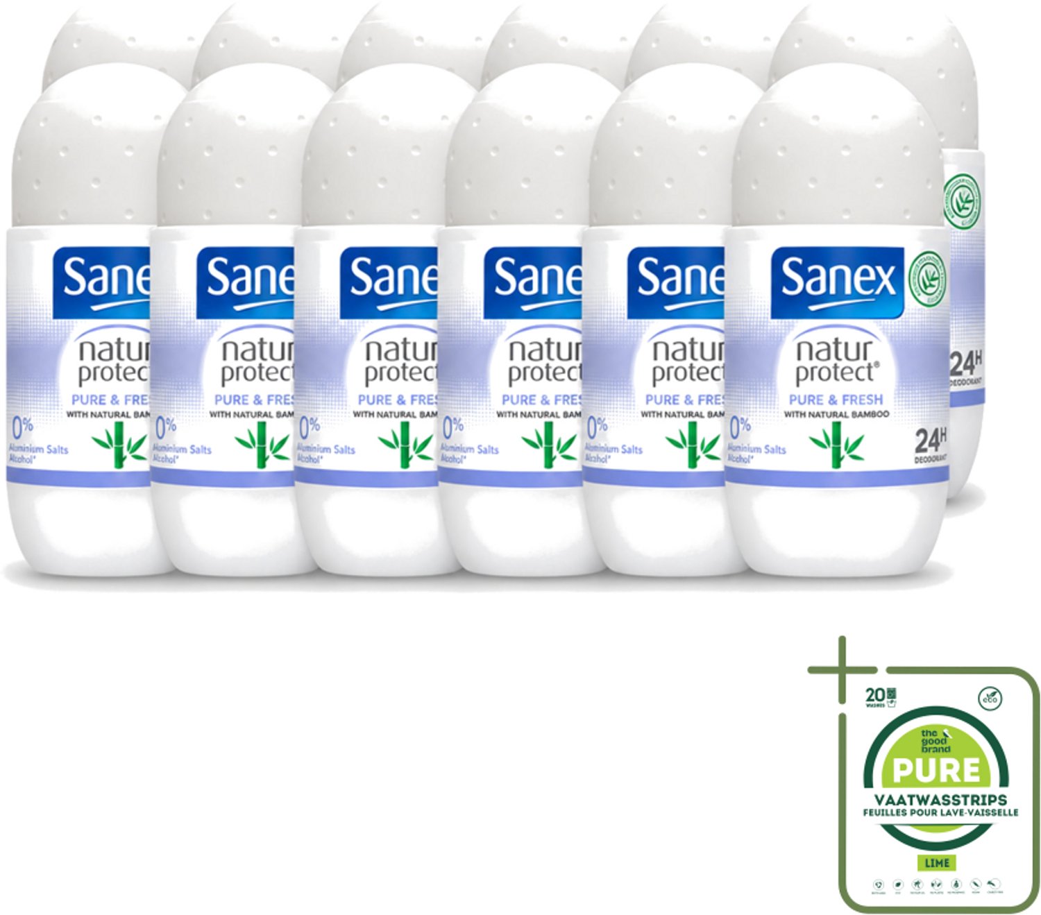 12 x Sanex Natur Protect - Deodorant Roller - Puur & Fris - Met Nattuurlijke Bamboo - 50 ml - Grootverpakking - Vaatwasstrips - Natuurlijke Deodorant - Bamboe Deodorant - Fris Gevoel - Vochtabsorberend - Aluminiumvrij