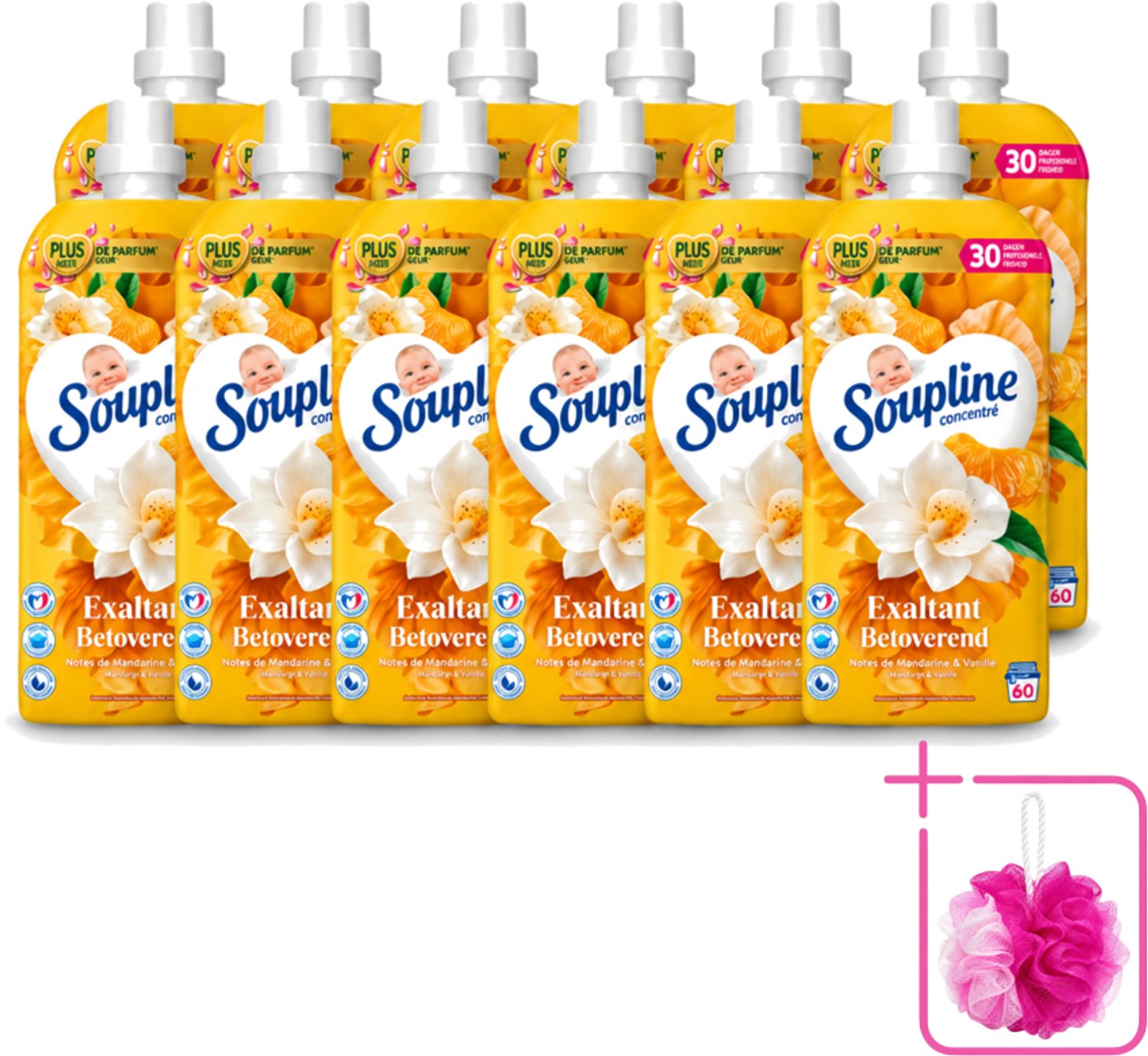 12 x Soupline – Wasverzachter – Betoverend Mandarijn & Vanille – 1,28 L - Bulkverpakking - Wasverzachter - Douchemop - Wasverzachter mandarijn en vanille
