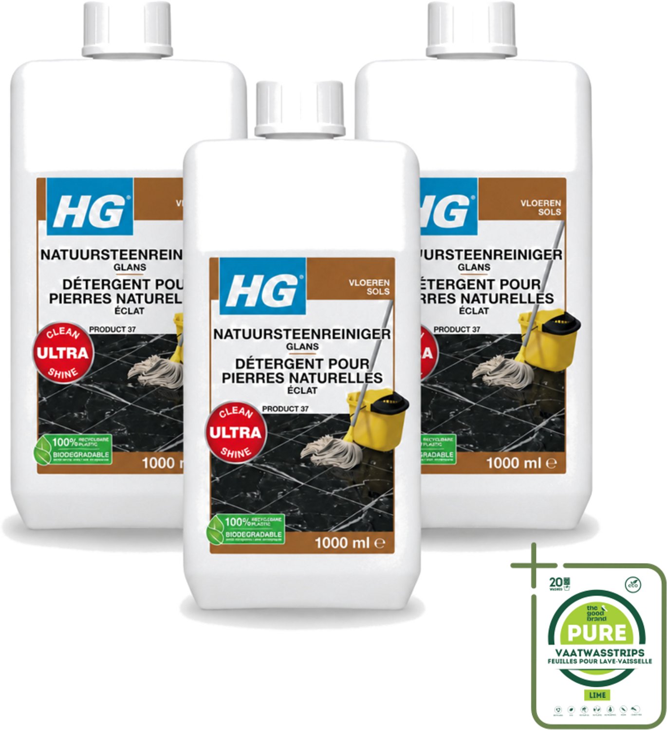 3 x HG - Natuursteenreiniger Glans - Ultra Glans - 20 Dweilbeurten - 1L - Grootverpakking - Vaatwasstrips - Natuursteen Reinigen - Marmer Reinigen - Natuursteen Glans - Natuursteen Reiniger - Natuursteen Schoonmaken